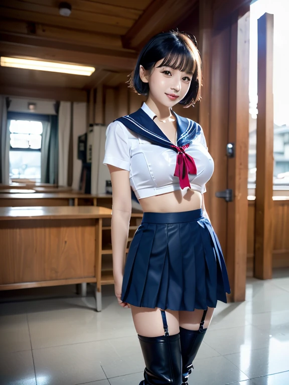 (8K、RAW Photos、top-quality、​masterpiece:1.2)、(realisitic、Photorealsitic:1.37)、女の子1人、japanes、18year old、femele、‎Classroom、natta、profetional lighting、Photon mapping、torn、Colossal tits、The tips of the knitted, which are pure white and very small in size, stick out、areola protruding、The shape of the pubic area is clearly visible、gals、Lots of lashes、Lame on the eyelids、Pitch black lip、Pitch black heels、pubick hair、the lower abdomen bristles、A slender、crotch open、My are big and are about to spill out of my bra、Very much pubic hair、pubic hair is very protruding、((See-through sailor suit、Short pleated skirt))、maroon short hair
