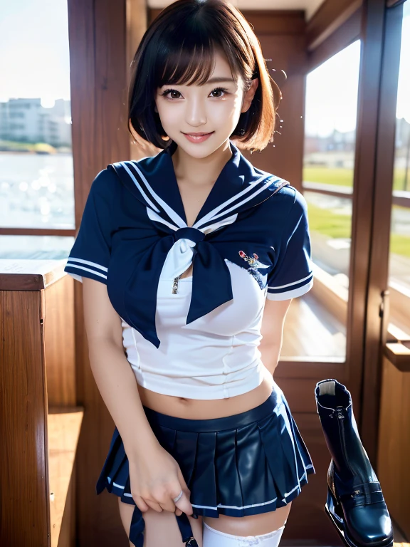 A beauty woman in a student uniform, big breasts, a smile, happiness, a mini skirt with vivid colors and a youthful style (best quality,4k,8k,highres,masterpiece:1.2), ultra-detailed, (realistic,photorealistic,photo-realistic:1.37), professional lighting, bright and vibrant colors, detailed eyes, intricate embroidery on the hijab, a fashionable bag, a lively campus background, confident posture, radiant skin, intricate patterns on the uniform fabric, emphasizing the beauty of diversity, and a stylish hairstyle.