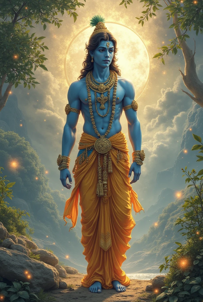 Lord Krishna standing in night in neon 