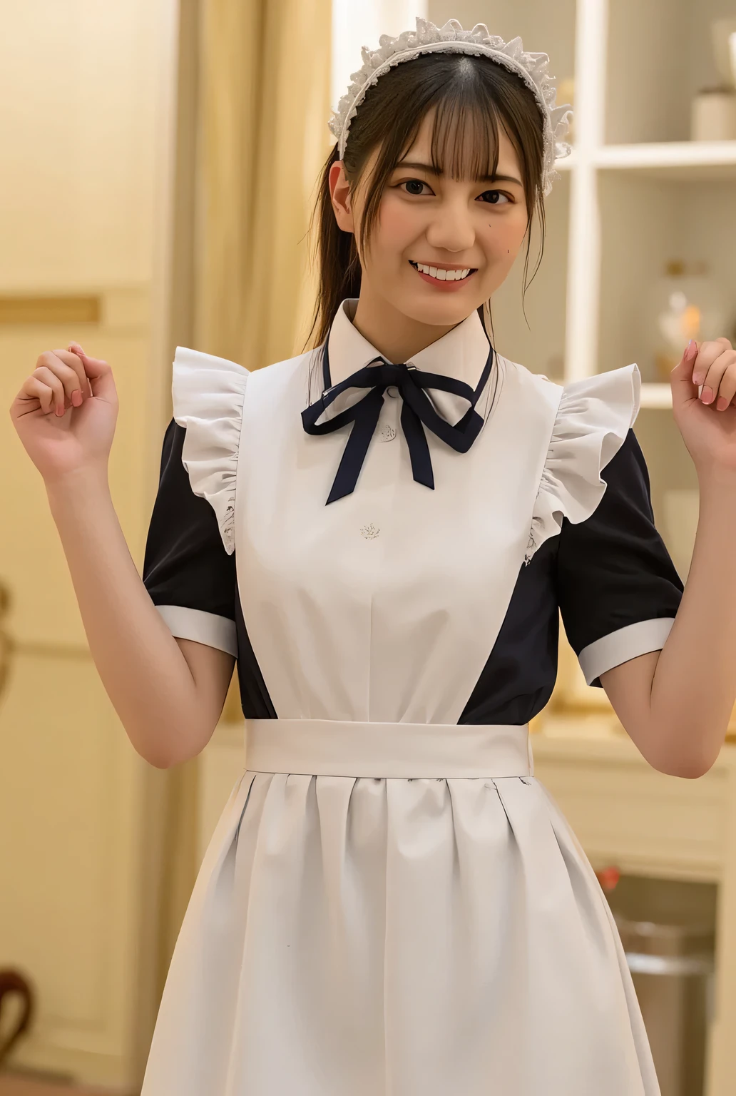 ((( High Resolution , top quality, very well detailed, masterpiece , highly detailed photos , realistic , Real people々 , Ultra precise skin ))) , At a restaurant , ( from the front ) , full body , advanced shot by hotel , Viewer , ( smile ) , { , they stand and lean forward : 1.8 } , black hair , medium hair , medium breasts , focus on your face and chest , (( I'm wearing maid clothes with an open chest : 1.8)) , { nsfw } , evening