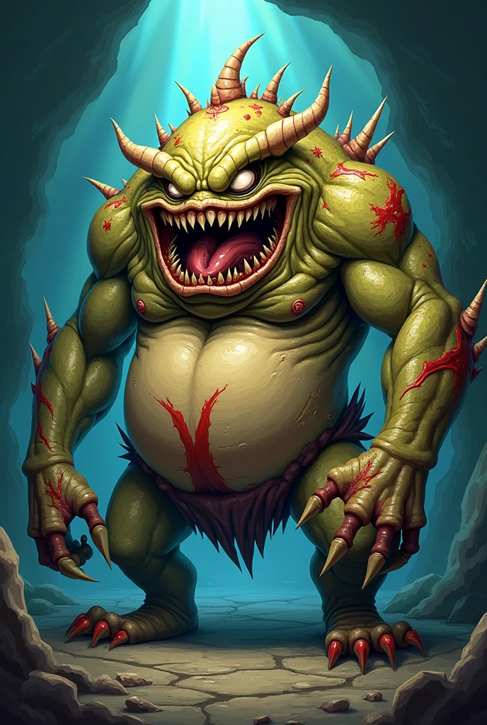 Solo, male (((dragon, goo creature, green body, muscular, huge pecs, abs, big horns, sinister smile, clawed hands, clawed feet, black thong, big bulge))) standing, cave, goo body, goo horns, perfect anatomy, by darkgem, by mystikfox61, by glitter trap boy