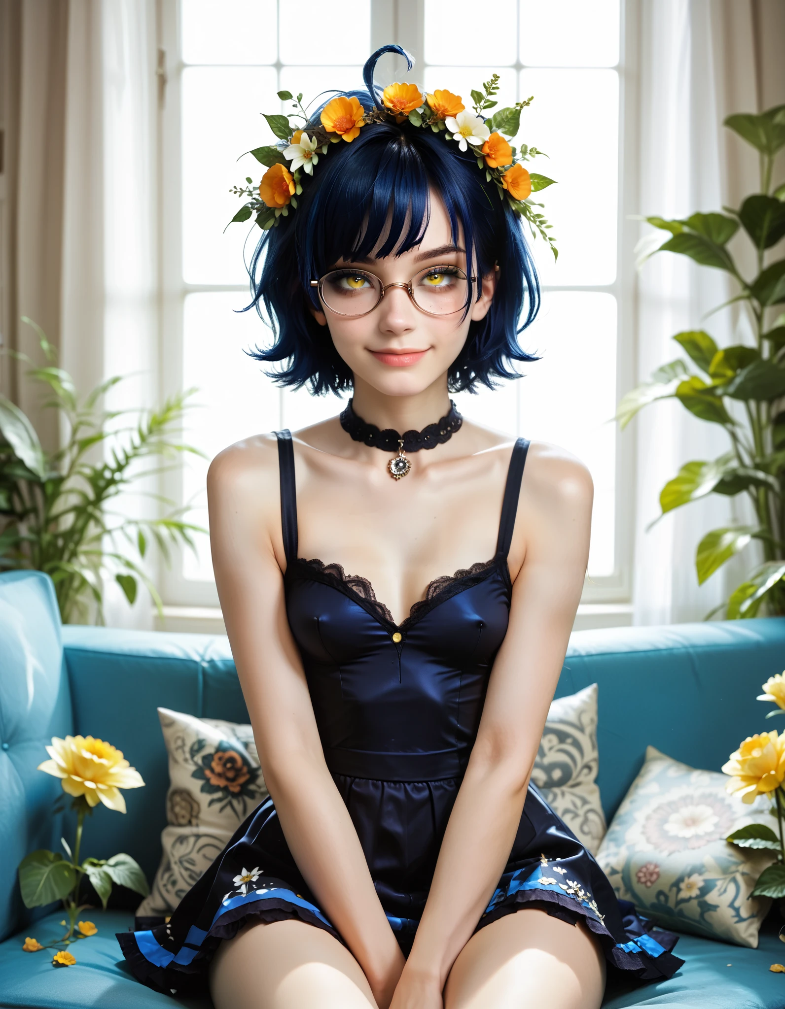 score_9, score_8_up, score_7_up, score_6_up, 16k, high detailed picture, realistic style, masterpiece, very young girl, no panty, perfect absolutely small breasts, disheveled hair, full body shot, rounded face, catlike smile, snub nose, a long strand of bangs hangs between her right eye, hair over one eye, ariawm, mz, ahoge, short hair, blue hair, yellow eyes, glasses, very short tight puffy dress, chamomile field, a girl sitting in the center, a wreath of flowers on her head, emo, scene