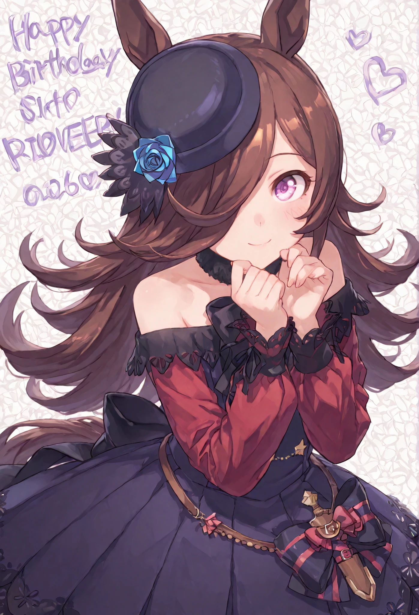 {{{ masterpiece}}}, {{{ top quality}}}, {{ super accurate}}, { artistic }, {{ very delicate and beautiful}}, {{{ masterpiece}}}, {{{ top quality}}}, {{ super accurate}}, { artistic }, {{ very delicate and beautiful}},{smile},{{{Uma Musume}}},{{The woman on the right is Rice Shower:1.6,one eye is covered by hair,light smile}}},simple pop background,,hat、{{{happy birthday}}}