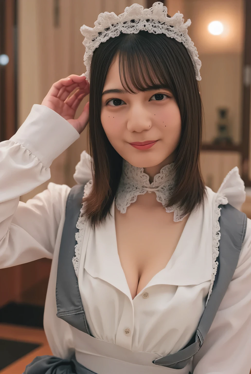 ((( High Resolution , top quality, very well detailed, masterpiece ,  highly detailed photos , realistic , Real people々 , Ultra precise skin ))) ,  At a restaurant , (   from the front  ) , full body ,  advanced shot by hotel ,  Viewer , ( smile ) , {  , they stand and lean forward  : 1.8 } ,      black hair ,   medium hair , medium breasts , focus on your face and chest , ((  I'm wearing maid clothes with an open chest   : 1.8))  , { nsfw }   ,   evening