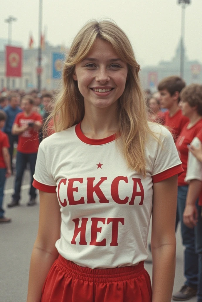 (best quality:1.2), military, blond women with flag, red t-shirt with soviet sign, soviet union, crowd, smiling, sky and cloud with plane, <lora:soviet-poster:0.7>, <lora:more_details:0.5>