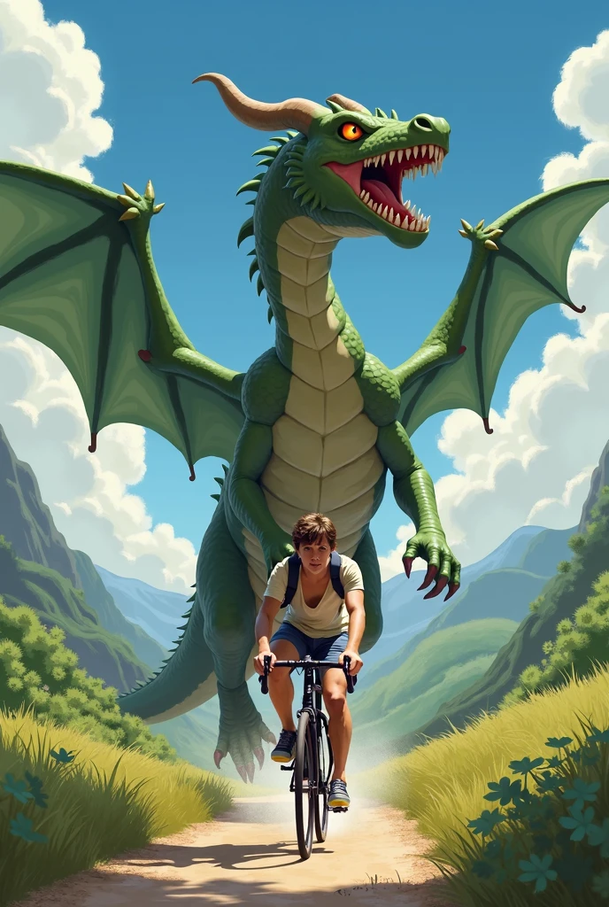 muscular red dragon with spikes
along its head, drinking water from a
bottle. The dragon is wearing
semi-transparent shorts that subtly
outline of his penis, extending from the
groin to the right thigh. He is leaning
on a bicycle, with the scene set in a
park-like environment. In the
background, a dog wearing a helmet
is riding a bicycle, gazing up at the
dragon with a fascinated expression
The overall setting should capture a
sunny, outdoor atmosphere with
scattered trees and a clear blue sky.