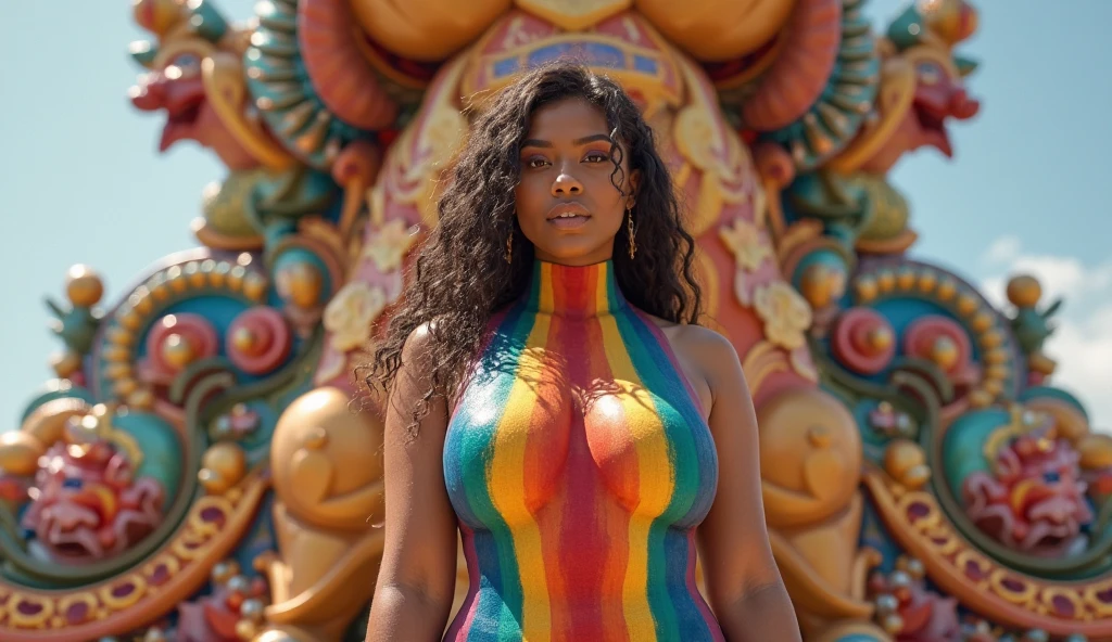 A captivating illustration of a celestial woman at the center of a cosmic vortex, her curvaceous and voluptuous figure emitting otherworldly light. Her head, adorned with an African-inspired hairstyle, resembles a glowing halo. Her rich, cocoa-toned skin serves as a canvas for a dazzling spectrum of colors that surround her. Clad in translucent, luminescent bikinis, she embodies serene defiance and appears to dance on the edge of reality. The background is a swirling vortex of fiery oranges, deep blues, and radiant pinks, each hue unfolding its own enchanting tale. Her sensual yet intimate gaze invites you into her realm, where the ordinary intertwines with seduction. Amid the cosmic chaos, she remains steadfast