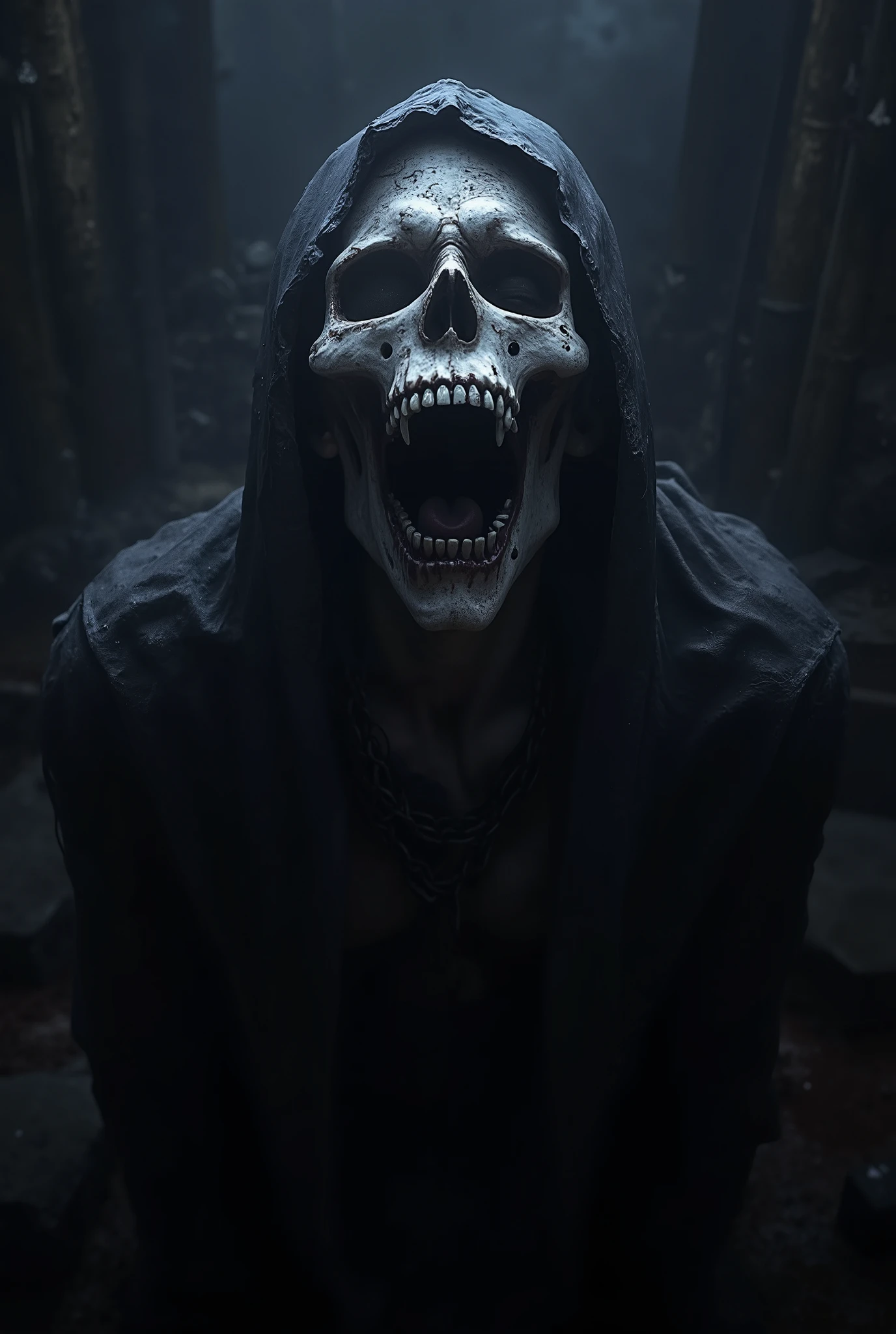 a skull faced mysterious hooded figure screaming at the camera, seen from above, dark background, marked contrasts, marked shadows, dark image, hyper realistic , UHD.