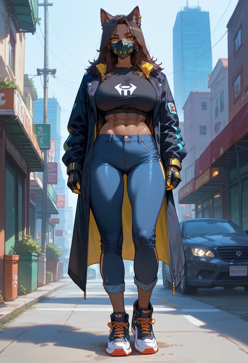 street background (a 35 year old woman) brown skin, solo, 1 girl, portrait, african hair, super detailed, modern style, direct look, full body wearing leggings and purple jacket and headphones