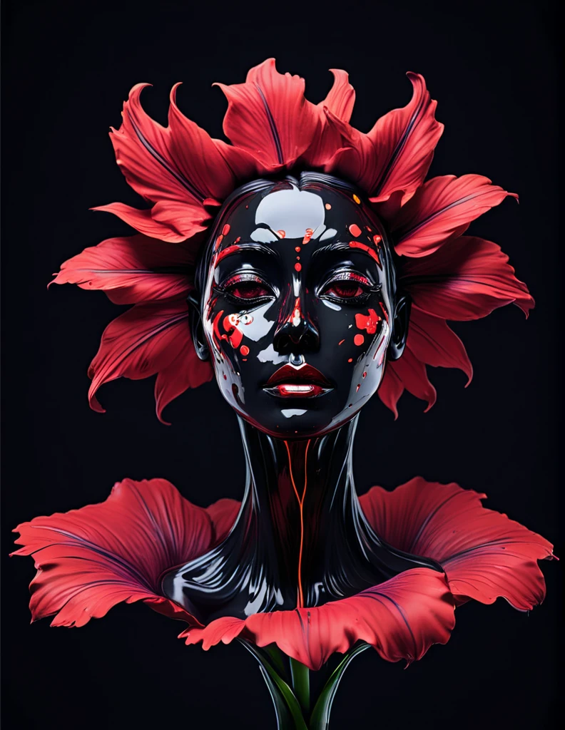 ((exhibit，Still Life Table，Artistic statues，3D Sculpture，ceramics，Surface cracks，Shattered Texture)), Perfect eyes, (happy), (hapiness)，Show the beauty of nature.Black and red theme，Red coral，Artistic Creativity：1.37.From Kane，Gold Dust， This artwork is presented on a grey background，Emphasize its artistic quality.Ray Tracing
