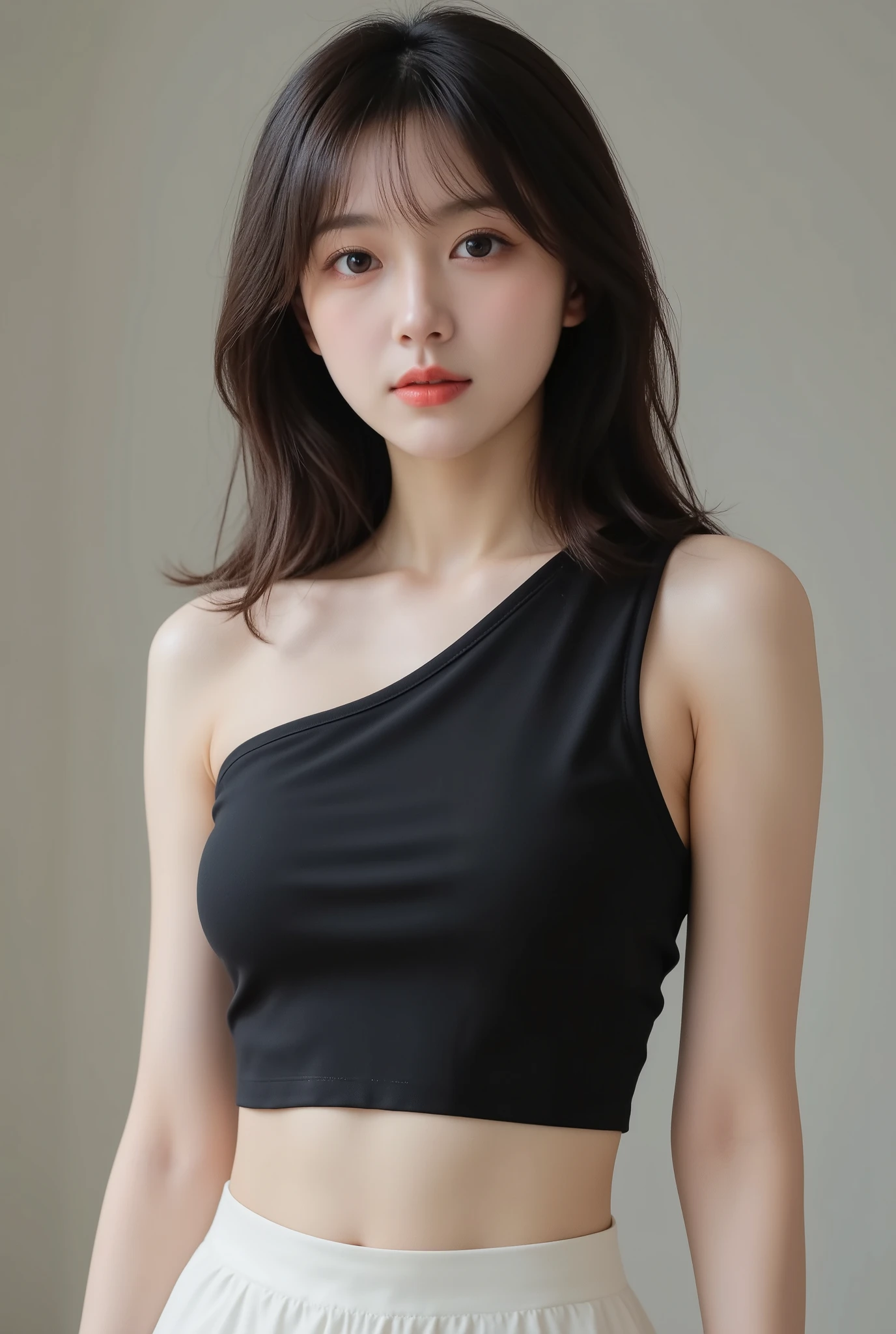 （Highly detailed body，Highly detailed face，the best quality：1.2） ，a woman with，Hands behind your back，Look at the lens（Wide bandeau top，Black JK pleated skirt，Open navel) Background room 1.4