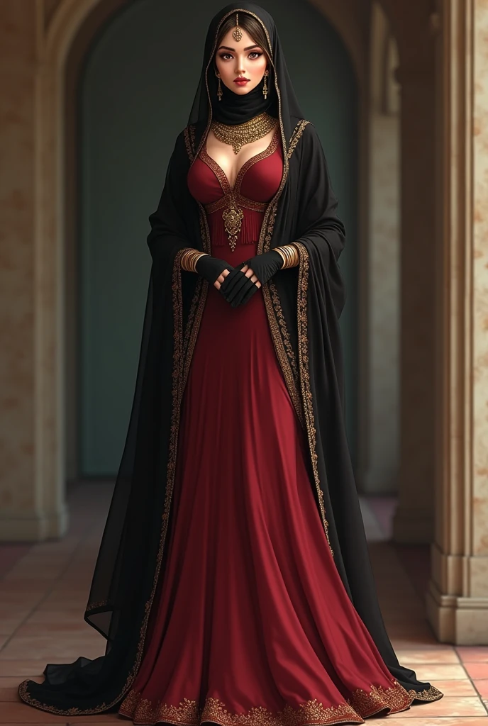 a hyperrealistic woman, flirtatious smile, Long hijab, close hijab, brown eyes, pale skin, photorealistic. instagram influencer, 20-year-old woman, model, full body, happy look, curvy figure, big breast, slim waist full body, in Sanaani traditional attire with red and black pattersn, in Sanaani Abaya , putting on modern Hijab, no make up