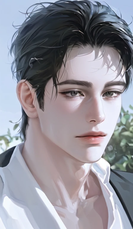 (masterpiece,best quality,ultra_detailed,highres,absurdres),1 mature male, 30-ish, (wide shoulder), ((no chest hair)), male focus, solo, short black Quiff hair with Soft Fringe (bangs part on side 3:7 ratio), simple background, blue eyes, upper body, short hair, looking at viewer, parted lips, round eyewear, wet hair, open black shirt, long sleeves, showing a bit of muscles, bedroom background.