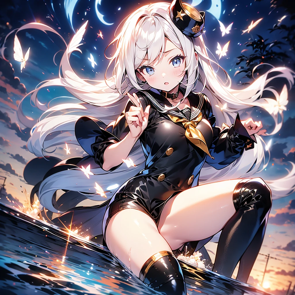 masterpiece, best quality, JingliuV5, 1girl, solo, gloves, gloves, dress, bare shoulders, closed mouth, boots, sky, black gloves, black footwear, blindfold, night sky, full moon, elbow gloves, armpits, arms up, ((chain, bound, restrained:1.3)), sitting, wariza, night, starry sky, sky, cowboy shot, view from below, far shot