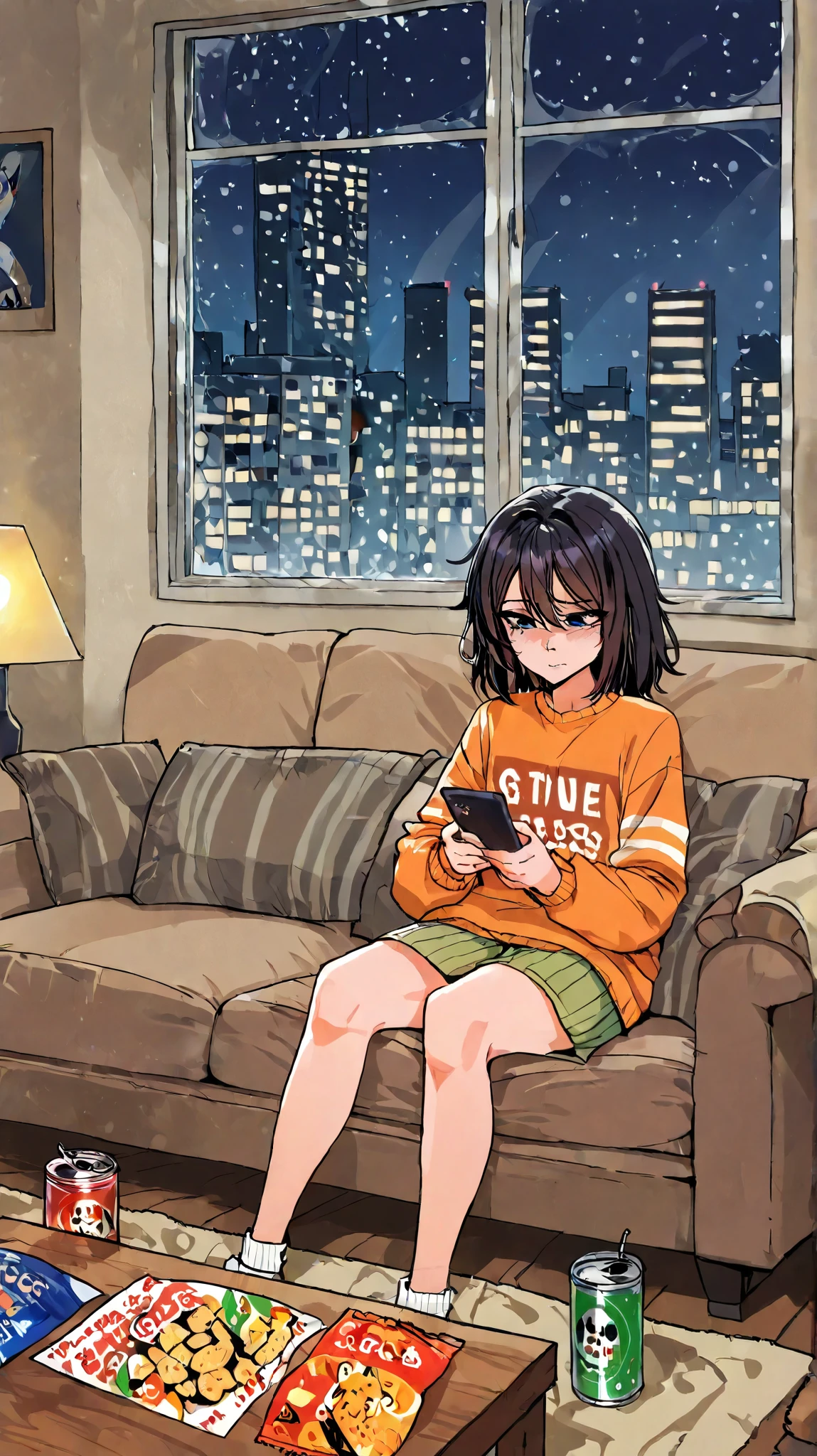 Create a small animated interior , Comfortable apartment at night . the room is darkly lit , The soft light from the TV creates flickering shadows . Snow starts to fall outside , View through a large window into a darkened city street , Dimly lit by a distant streetlight . Anxiety is growing as the storm slowly approaches .
anime character: A young man in his early 20s , Yuki, He has messy black hair and tired eyes , Sits on an old sofa , He sits slightly hunched over while watching TV news . He is wearing comfortable clothes , Slightly wrinkled clothes, And his expression is tense as he absorbs the news about the approaching storm. His phone is next to him , Shows a group chat with worried messages from friends .
The room is warm but messy , On the coffee table are snack wrappers and empty cans . The calm before the storm is detected , as Yuki’s anxiety starts to build.