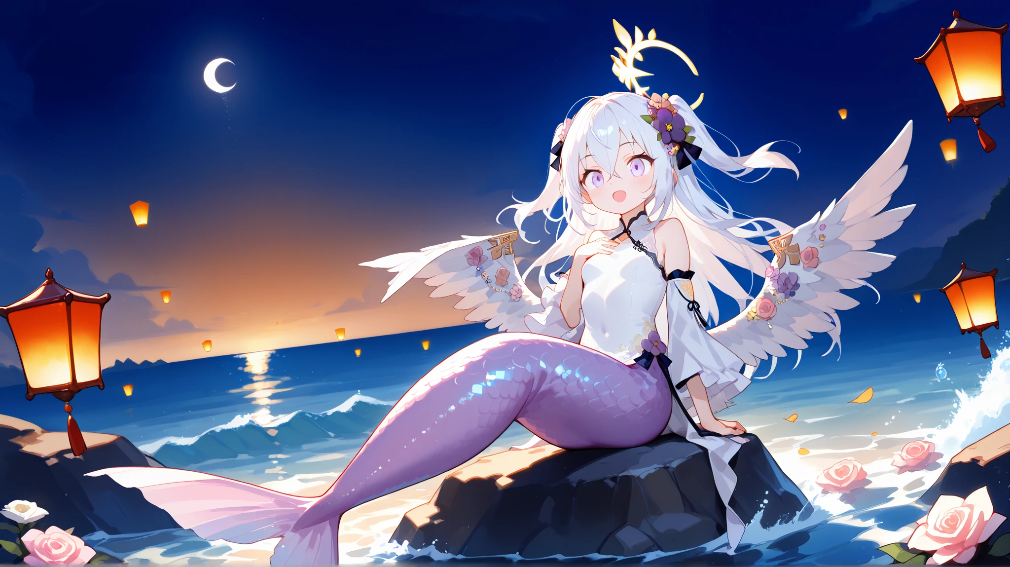 azusa \(blue archive\), 1girl 1other alternate_costume, angel_wings, bare_shoulders, blush, collarbone, feathered_wings, flower, hair_between_eyes, halo, long_hair, looking_at_viewer, small_breasts, necklace, pink_flower, pink_rose, purple_eyes, rose, solo_focus, very_long_hair, white_flower, white_hair, white_rose, white_wings, wings, dynamic pose, out of frame, two side up hair, (cheongsam, white cheongsam), ((mermaid, purple tail)), closed eyes, happy, open mouth, singing, sitting, on rock, water splashes, waves, sea, rock, night, moonlight, arms rest, hand on chest, cute, heart, solo, (clothed, ultra kawaii), hdr, low contrast, sky lantern, masterpiece, best quality, absurdres, masterpiece, highres, perfect anatomy, anime style, anime screenshot, 8k wallpaper, ultra high quality, (extremely detailed cg), perfect lighting, (sharp image), gorgeous, vibrant colors,award-winning, professional, highly detailed,high budget, dynamic angle, dynamic view, close up view, full body, yellow gradient