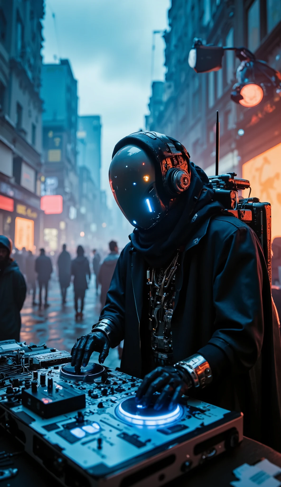 Recypu style, CyberpunkStyle: Cyberpunk highly detailed, high-resolution photograph. A futuristic, armored robotic DJ in a decadent and vibrant urban setting. The subject's head is covered by a sleek, metallic helmet that obscures the face, giving an imposing robotic appearance. The helmet is adorned with various sensors and neon blue flux core lights, suggesting advanced technology. The DJ's body is clad in a full suit of high-tech armor, primarily made of a mix of metal and synthetic materials. The armor is highly detailed with intricate circuits, joints, and mechanical components, indicating an advanced fusion of robotics and cybernetics. The suit is predominantly black with hints of dark gray and silver, and is adorned with luminous panels, data screens, and fiber optic cables that pulse with the music. The DJ's hands are busy manipulating a floating holographic mixing console, with multiple neon-lit buttons and sliders. On their back, instead of a weapon, they carry a complex system of modular synthesizers and samplers. The background stage shows an industrial urban environment with blurred metallic structures, flickering neon lights, and a dense atmosphere of smoke and fog, emphasizing the cyberpunk and post-apocalyptic setting. The lighting is dramatic, with spotlights and strobes highlighting the details of the armor and console. The overall mood is energetic, futuristic, and full of rhythm. DJ-Sentinelbot. Apocalypse-Rhythmic. sentinelbot. apoclypse