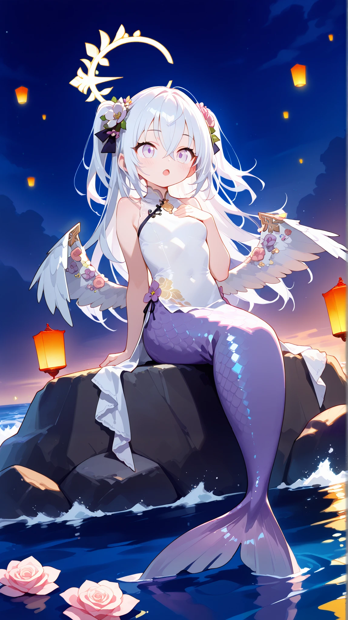 azusa \(blue archive\), 1girl 1other alternate_costume, angel_wings, bare_shoulders, blush, collarbone, feathered_wings, flower, hair_between_eyes, halo, long_hair, looking_at_viewer, small_breasts, necklace, pink_flower, pink_rose, purple_eyes, rose, solo_focus, very_long_hair, white_flower, white_hair, white_rose, white_wings, wings, dynamic pose, out of frame, two side up hair, (cheongsam, white cheongsam), ((mermaid, purple tail)), closed eyes, happy, open mouth, singing, sitting, on rock, water splashes, waves, sea, rock, night, moonlight, arms rest, hand on chest, cute, heart, solo, (clothed, ultra kawaii), hdr, low contrast, sky lantern, masterpiece, best quality, absurdres, masterpiece, highres, perfect anatomy, anime style, anime screenshot, 8k wallpaper, ultra high quality, (extremely detailed cg), perfect lighting, (sharp image), gorgeous, vibrant colors,award-winning, professional, highly detailed,high budget, dynamic angle, dynamic view, close up view, full body, yellow gradient