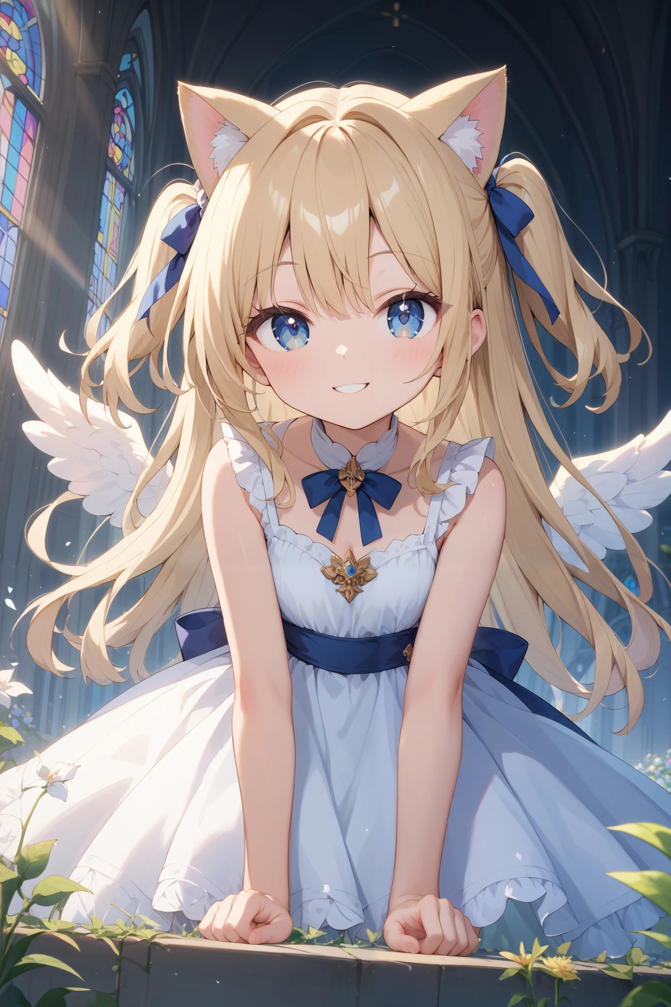 front view、standing up picture、
An angel girl flew down to church、
1 girl crouching, standing on stomach、smile、 long hair, Gold, two side up, 6 white wings、blue eyes, circle of angels in dark, Cat ears, cute face、White Dress、
photos、
High Resolution, masterpiece, accurate, anatomically correct,
anime, Apocalypse,
church stained glass backgrounds 、
lens flare, Godley,
highest quality, high image quality model, Ultra High Definition,