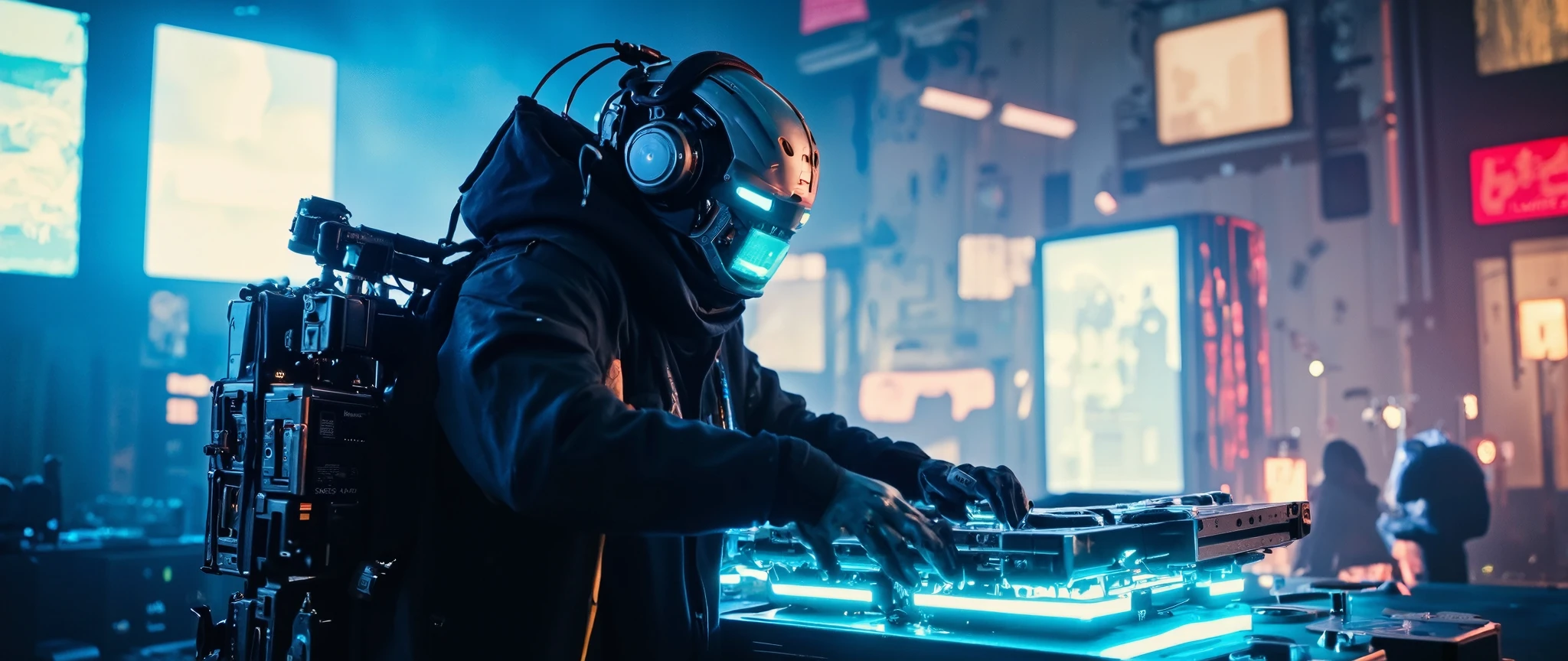 Recypu style, CyberpunkStyle: Cyberpunk highly detailed, high-resolution photograph. A futuristic, armored robotic DJ in a decadent and vibrant urban setting. The subject's head is covered by a sleek, metallic helmet that obscures the face, giving an imposing robotic appearance. The helmet is adorned with various sensors and neon blue flux core lights, suggesting advanced technology. The DJ's body is clad in a full suit of high-tech armor, primarily made of a mix of metal and synthetic materials. The armor is highly detailed with intricate circuits, joints, and mechanical components, indicating an advanced fusion of robotics and cybernetics. The suit is predominantly black with hints of dark gray and silver, and is adorned with luminous panels, data screens, and fiber optic cables that pulse with the music. The DJ's hands are busy manipulating a floating holographic mixing console, with multiple neon-lit buttons and sliders. On their back, instead of a weapon, they carry a complex system of modular synthesizers and samplers. The background stage shows an industrial urban environment with blurred metallic structures, flickering neon lights, and a dense atmosphere of smoke and fog, emphasizing the cyberpunk and post-apocalyptic setting. The lighting is dramatic, with spotlights and strobes highlighting the details of the armor and console. The overall mood is energetic, futuristic, and full of rhythm. DJ-Sentinelbot. Apocalypse-Rhythmic. sentinelbot. apoclypse