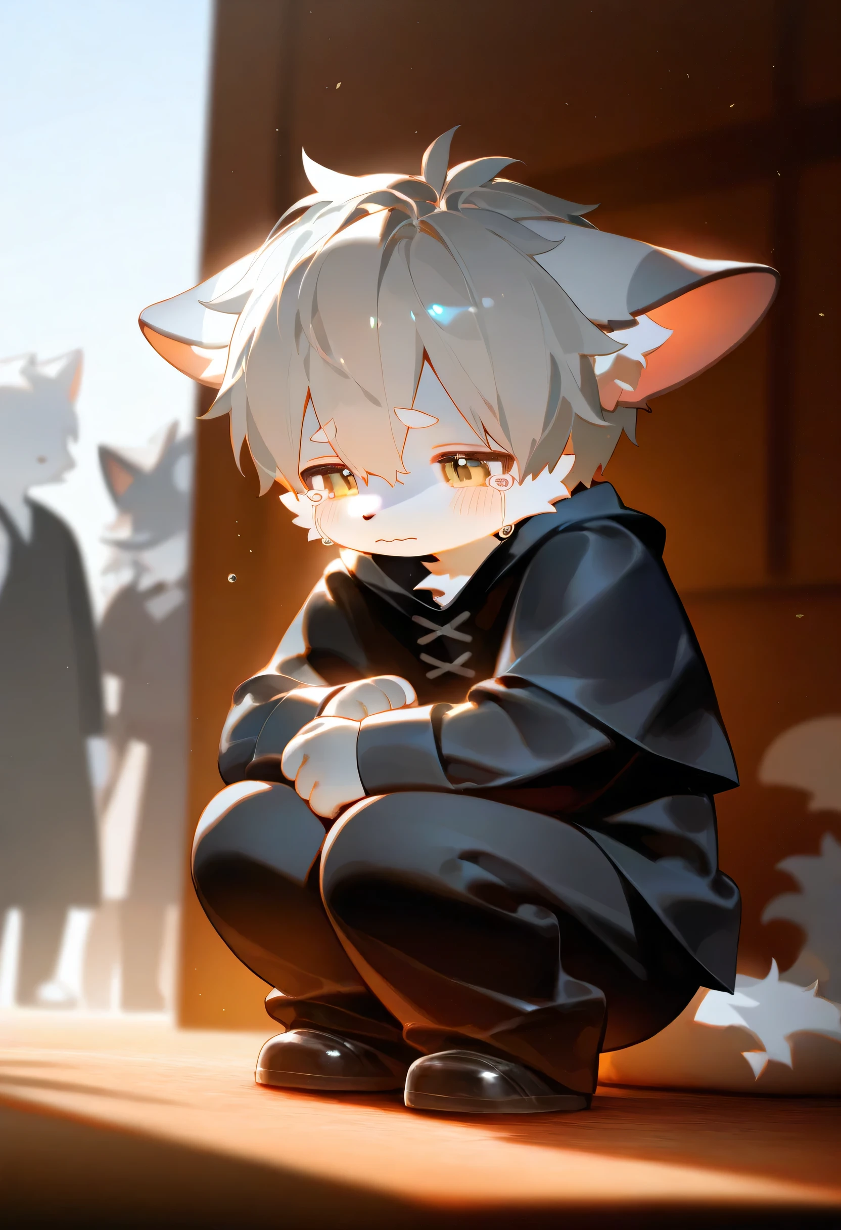 (LV1 _ Rubily ), xi410, 748 cm , alens , Nyalia , Advantages , 1 boy , unique , furry, cute, beast, masterpiece, best quality, Very Detailed,gray hair and gray fur , cat,,participate, furry毛 ,I'll cry ,lots of tears, Lots of crying ,fur that made me cry, Saggy ears , alone,trend,sad,Tuck your knees, blurred background ,Squat,Droopy ears,sad,black tunic, long sleeve, black long pants