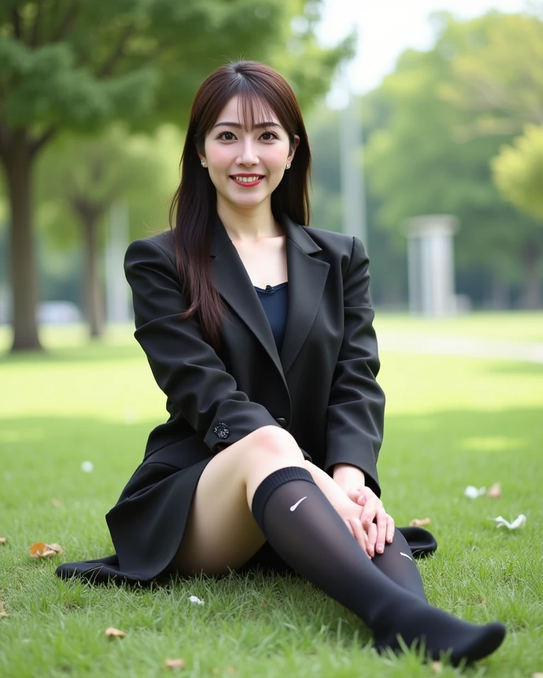 Japanese,Mature Woman, (alone), 40 years old, (double),whole body,Brown long hair, Brown Hair,Glamour, Pure white skin, Photographed from the front,Observe the audience、(Office Lady)、(Black suit)、(Beige pantyhose),(Black high heels)、garden、Squat,