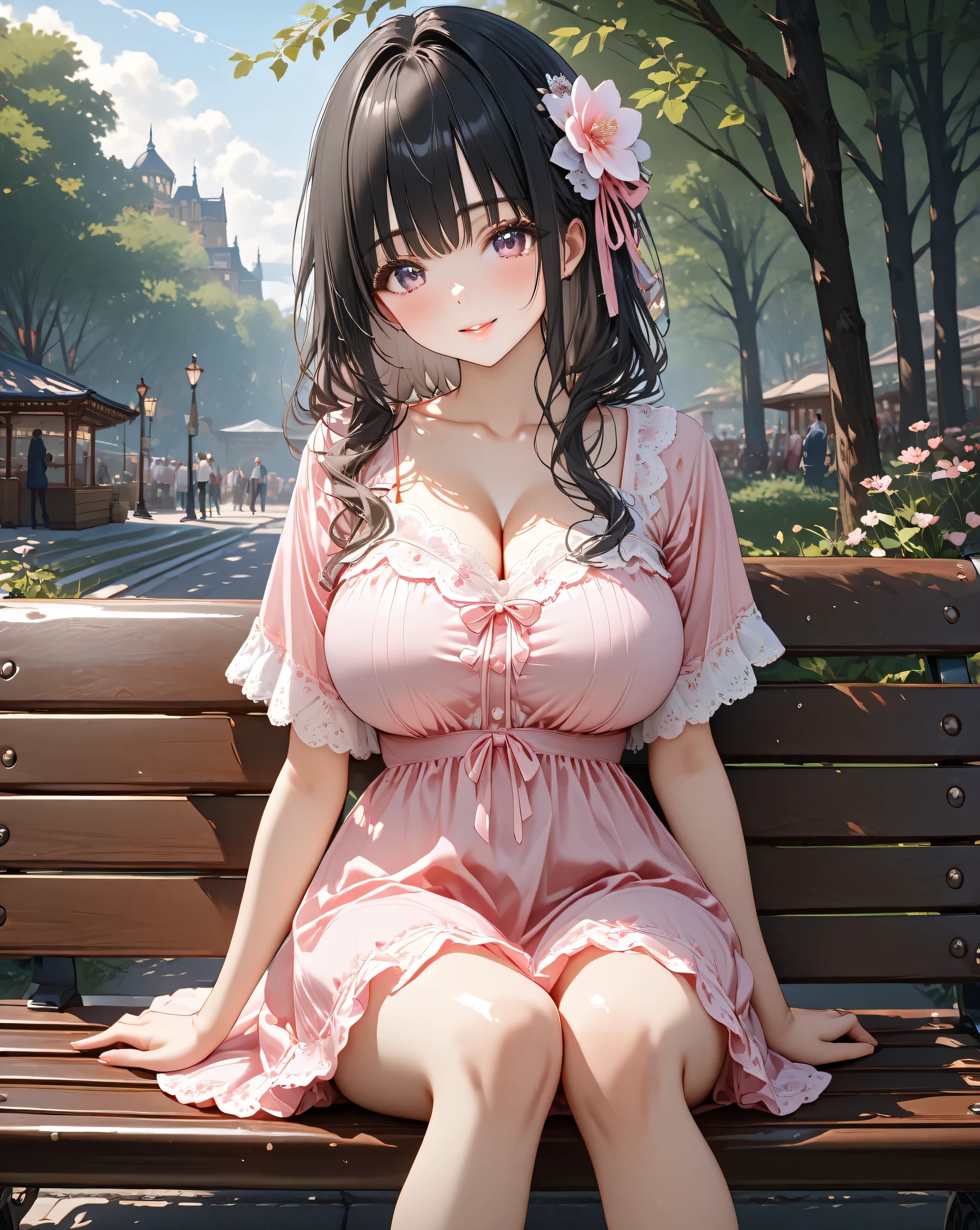 A beautiful girl in a pink dress standing in front of a wooden house, anime girl, house in the middle of the forest, short kimono dress, pink flowered dress, bare shoulders, choker with earring, big round breasts, lace stockings, looking at the sunset, brown hair, long bangs, long hair, ponytail, wavy hair, swept bangs, shiny hair, hairclip, hair flower, ribbon, jewelry, aqua eyes, glowing eyes, pupils sparkling, earrings, smile, blush, seductive smile, red lips, high detail, anime, anime style, cinematic lighting, dithering, image fill, multiple views, atmospheric perspective, perspective, Wide-Angle, f/1.8, 85mm, Nikon, 8k, super detail, UHD, retina, masterpiece, accurate, anatomically correct, textured skin, high details, best quality, highres, 16k