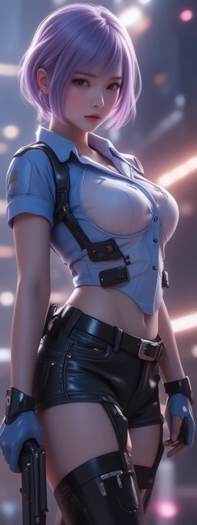 1girl, dressed in a white T-shirt, and on top of an open office blue shirt, (white trousers), ((tactical police uniform)), black shoes, 25 years old, ((beautiful extremely detailed face)), adult face, 8k, (((masterpiece)), (((extremely high resolution))), (UHD))), (realistic), (difficulty 1.4), bright red hair, styled hair, square, short hair, detailed, clear, beautiful, extremely detailed bright yellow eyes, long asymmetrical bangs, thin, slim,