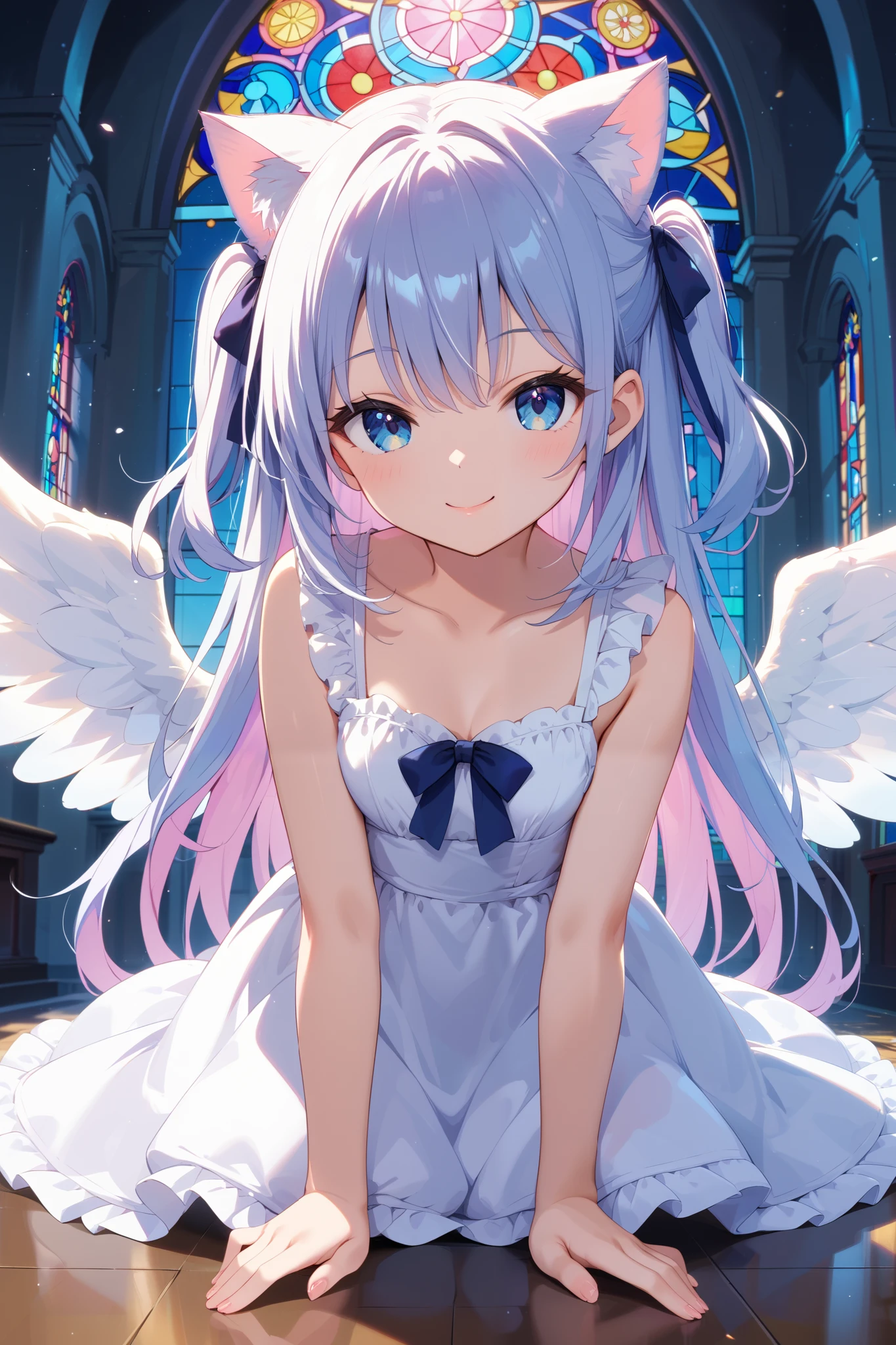 front view、standing up picture、
天使の女の子が教会に standing on stomach、
1 girl crouching, standing on stomach、smile、 long hair, Gold, two side up, 6 white wings、blue eyes, circle of angels in dark, Cat ears, cute face、White Dress、
photos、
High Resolution, masterpiece, accurate, anatomically correct,
anime, Apocalypse,
church stained glass backgrounds 、
lens flare, Godley,
highest quality, high image quality model, Ultra High Definition,
