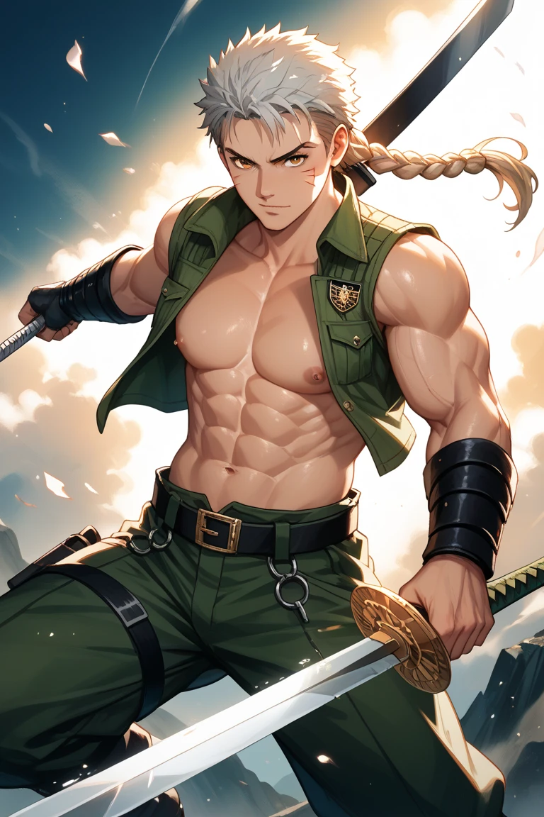 Male elf, Beautiful,Asiatic, short hair, Cute, pointed ears, Wood Elf, archer, draw the bow, draw the bow, Archery, action pose, arrows, quiver, leather belt, breastplate, Security guard&#39;s hand, shirtless, boots, whole body,(absurdity, complex parts, masterpiece, Best quality, a high resolution, 8 K),(18 year old boy ,(pleased, pleasure face , blush, excited grin, forest background, BIG BULGE, nsfv