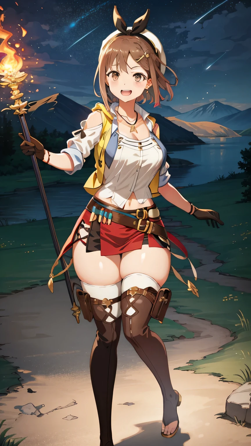 {{{masterpiece}}}, (best quality:1.5), (ultra-detailed:1.5), {illustration}, {{an extremely delicate and beautiful}}, (beautiful detailed eyes:1.6), absurdres, highres, extremely detailed face, 16k, hd, visual anime de uma jovem mulher, extremamente bonito rosto de anime, anime melhor garota, (perfect hands, perfect anatomy), anime face, Reisalin Stout, ryza, 1girl, solo, cute face, head ribbon, brown hair, short hair, hair ornament, hairclip, brown eyes, big eyes, large breasts, plump thighs, big hips, curvaceous, BREAK, hat, white headwear, (1stDefault:1.3), First Clothing, white sleeveless, collarbone, cleavage, leather, yellow jacket, open Jacket, brown gloves, single glove, leather gloves, jewelry, necklace, star necklace, star (symbol), leather belt, brown belt, blue tool belt, flask, test tube, navel, thigh pouch, red skirt, (micro skirt:1.3), thighhighs, bridal legwear, white thighhighs, thigh boots, brown footwear, toeless footwear, thighs, thighs, zettai ryouiki, BREAK, cute face, smiling, standing, polearm, weapon, holding weapon, holding, staff, holding staff, outdoor, daytime, solar, rock, mountain, forest, desert, sky, lake, look the sky, (have a magic wand in hand:1.3), standing, (dynamic pose), (wide smile:1.3), (Attack with pyrokinesis:1.5), (flying in the starry night sky:1.3)