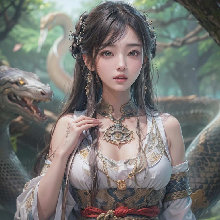 Hiding in an ancient shrine、Hair flow、 ((highest quality、masterpiece、8k、Best image quality、Ultra-high resolution、Award-winning works)、(Accurate anatomy:1.1)、(Look at me and smile:1.1)、Shining fair skin with Ultra-high resolution、The most detailed face、Ultra-high resolution detailed face、Ultra-high resolutionの髪の毛、(Ultra-high resolutionの煌めく瞳:1.1)、Beautiful face drawn in every detail、(Blurred Background:1.1)、Ancient maiden costume, Chest to chest, tattoo、With a huge white snake at his side