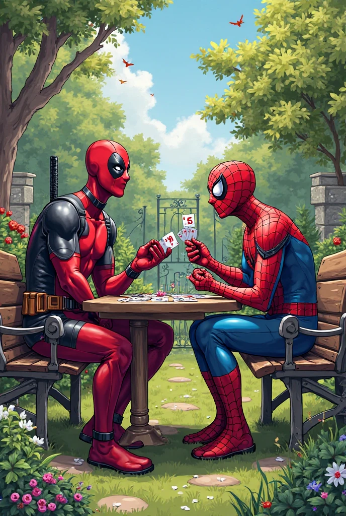 Deadpool and spiderman playing with dollar bills, diamonds, coins, background in light green and Uni Duni Te as the tittle