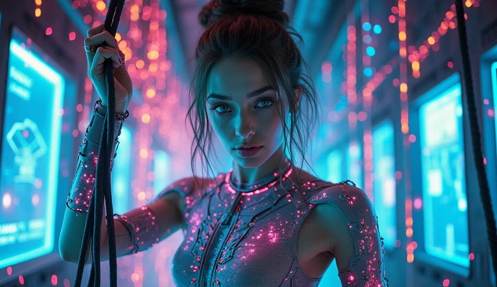 "Reimagine a Renaissance masterpiece in a futuristic and cyberpunk setting. Take inspiration from a classic painting (like ‘La Creación de Adán’de Miguel Ángel) and turn it into a modern version. The characters wear high-tech costumes, with neon lights and holographic details. The backgrounds are filled with floating buildings and shiny circuits. Use intense color palettes: electric blues, purple and neon roses, combined with gold and metallic tones. Details lighting with dramatic contrasts, where technology merges with classical art, highlighting original textures and expressions. All this creates an atmosphere where the past and future collide, transforming the classic into something surprisingly modern and visually captivating."
