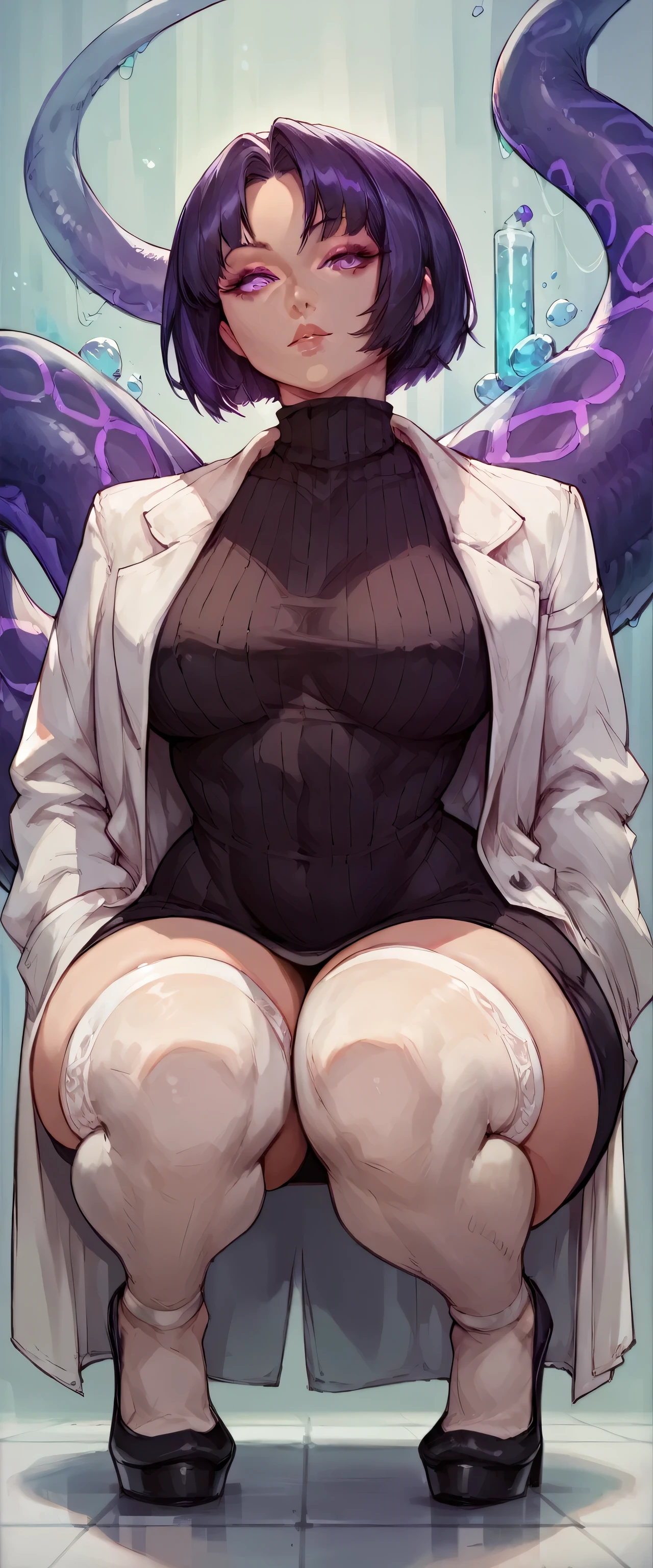 (alone)woman ,short black hair,Miss, Attractive , Wearing a black turtleneck sweater dress, white stockings, White coat, full body, full body, full, She squats , thick thighs, front view , , high heels , purple eyes