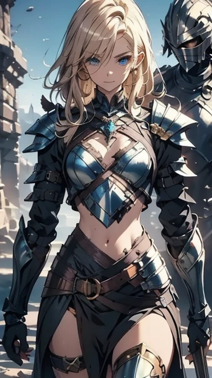Best quality, masterpiece, ultra high res, (photorealistic:1.4), raw photo, 1girl, offshoulder, in the dark, deep shadow, low key, cold light, green eyes, ((horns)), very long hair, bangs, leather fantasy clothes, demon, big bust, cute face, full body, medieval , (((full body))), silver details, medieval clothes, detailed face, boots, (((magic sword))), shield, belt, bracelets, (((shoulder armor))), elegant, (((furr))), (((crow))), braided hair, silver ornaments, (((perfect face))), blonde hair, masterpiece, long legs