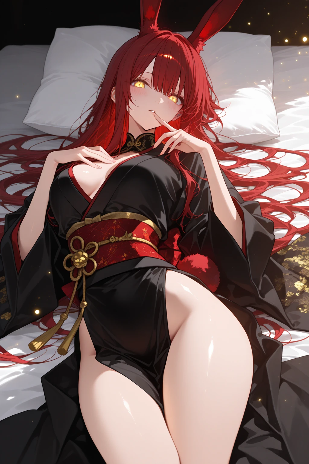 Woman, red red hair, yellow eyes, red nails, beautiful young face, strong physical characteristics, with medium breasts, legs open showing realistic pussy, corpo sexy, an angry face, provocative look. Wearing traditional Chinese imperial clothing decorated in gold with black details, with red Hanafuda earrings, with a golden skirt to the feet, a black sandal. Lying on a white bed in an antique Chinese room, with a full moon and stars in the window in the background.