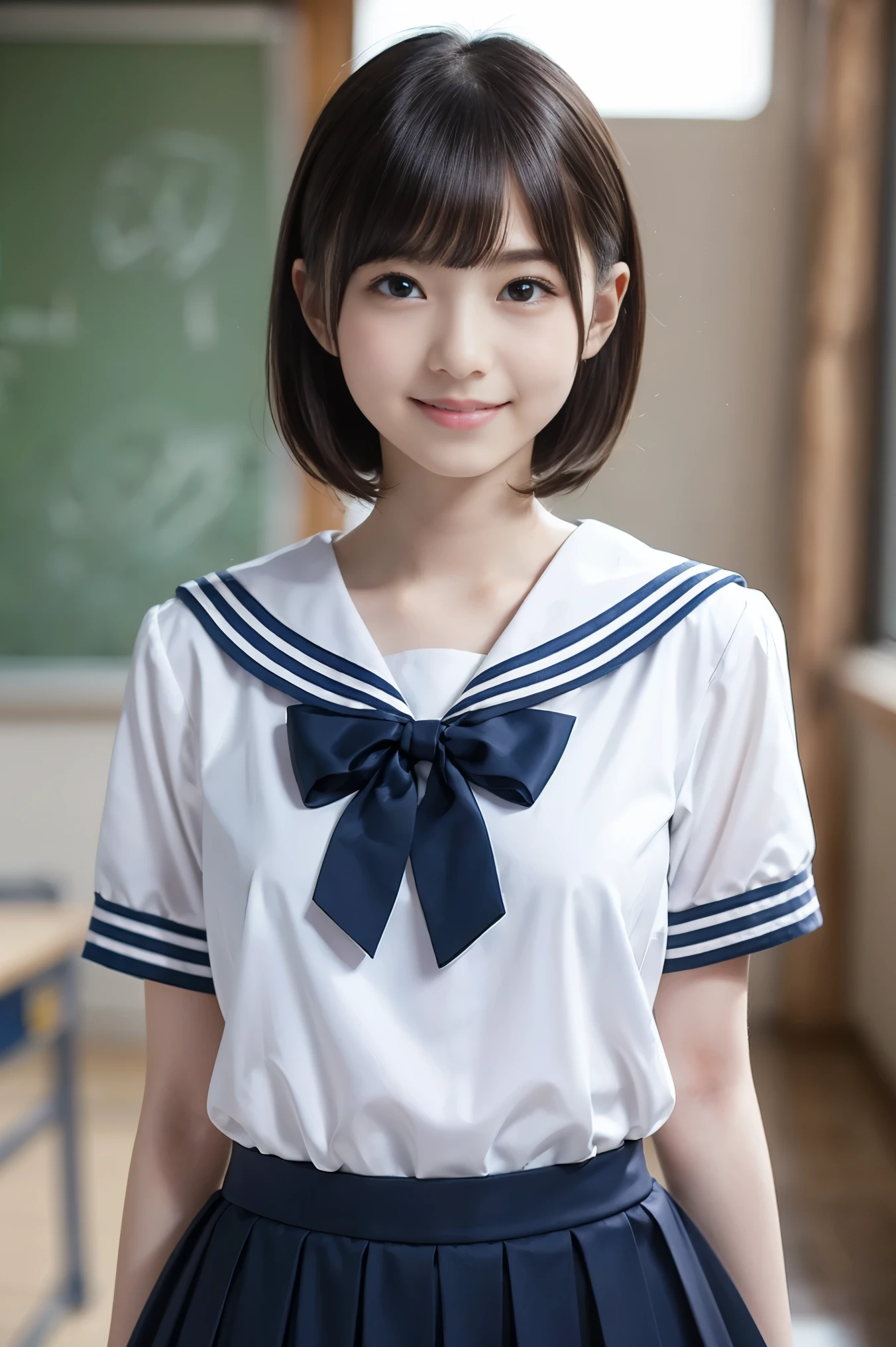 One girl, Shoulder-length short hair,Black Hair,smile, summer,Inside the room,Sitting on a chair,Big eyes,Innocence,Pure Innocence,Junior high school freshman,Look here,front,Face close-up,Small swelling in the chest,Sailor suit,transparent, (masterpiece, Highest quality), Soft Light, Structure of the film, Like a movie