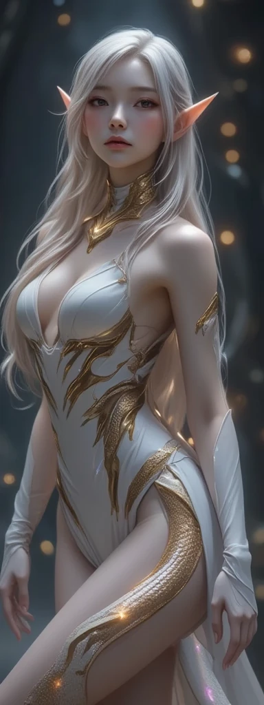 Woman wearing a silver transparent dress,Beautiful eyes, slender thighs，(((tits ,The breasts are very large., bare chest,The cracks are quite large.))),Slender waist,(bare waist), long gray hair, micro curly hair, Very detailed details,high end art station, rainstorm website, Detailed fantasy art, Amazing character art, Beautiful and beautiful character art, Beautiful gold and silver armor, The content is very detailed., Girl in a glittery dress, Beautiful headdresses and accessories,Filigree crystal jewelry, galaxy, Amazing pictures, (dynamic lines, Track light:1.2), Lively with color,8ก，quality,I&#39;m very wet.,There are crystals on the surface.,In the crystal cave