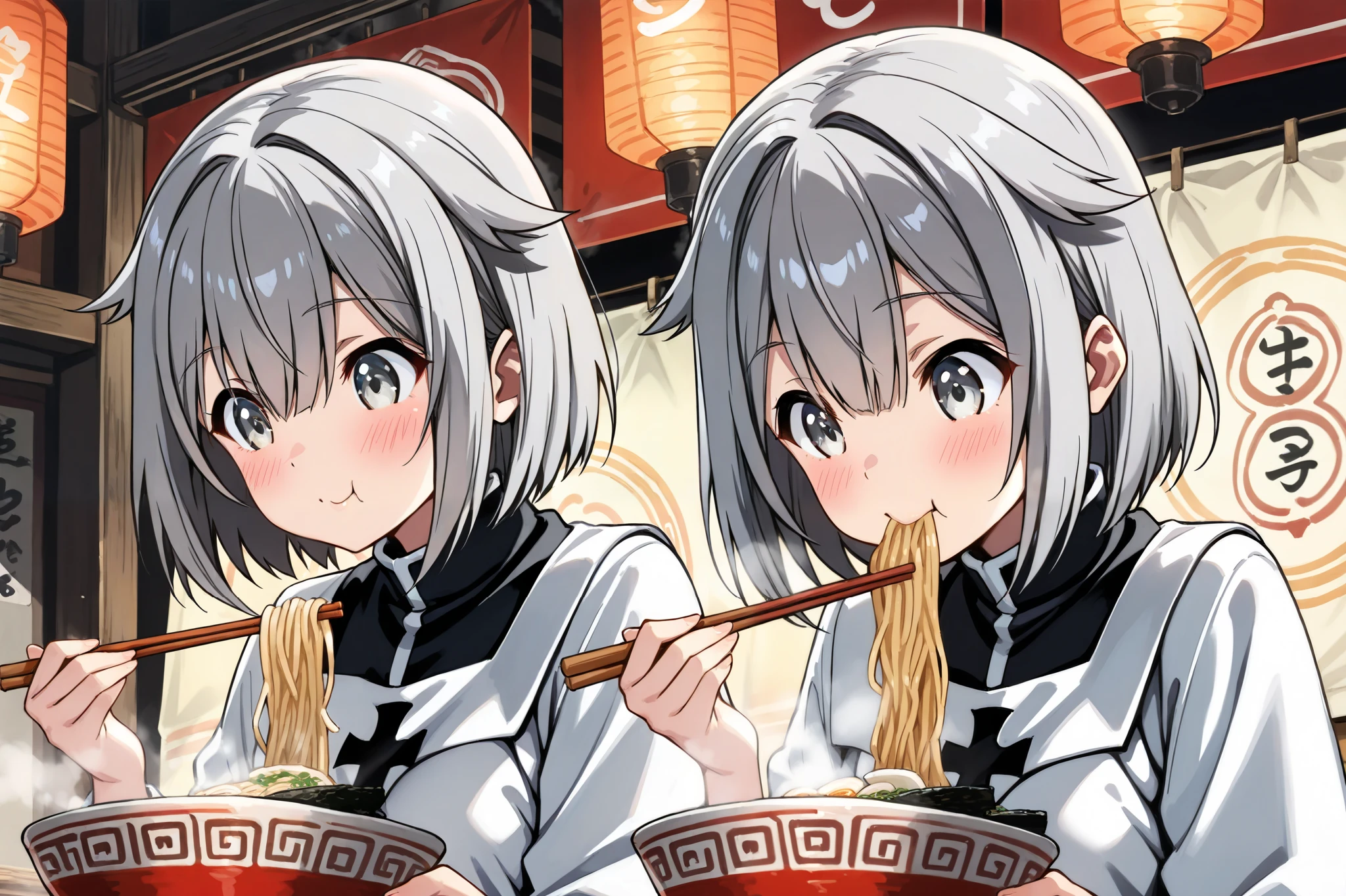 (masterpiece),(absurdres),(ultra detailed),(beautiful detailed),upperbody shot,side view,looking down,looking away:1.0,(blush:1.3,happy,vortex-shaped eyes:1.1),(ramen stall background,lantern lighting:1.2),(steam:1.3),(eating ramen:0.9,holding chop stick)(dark gray hair,adult Twins:1.0,side flaps:0.9,dark gray hair,gray eyes:1.4),bangs:1.1,(25-years-old),(()),(asymmetrical short hair:1.2),(middle breast:0.9),(white priest costume:1.1)