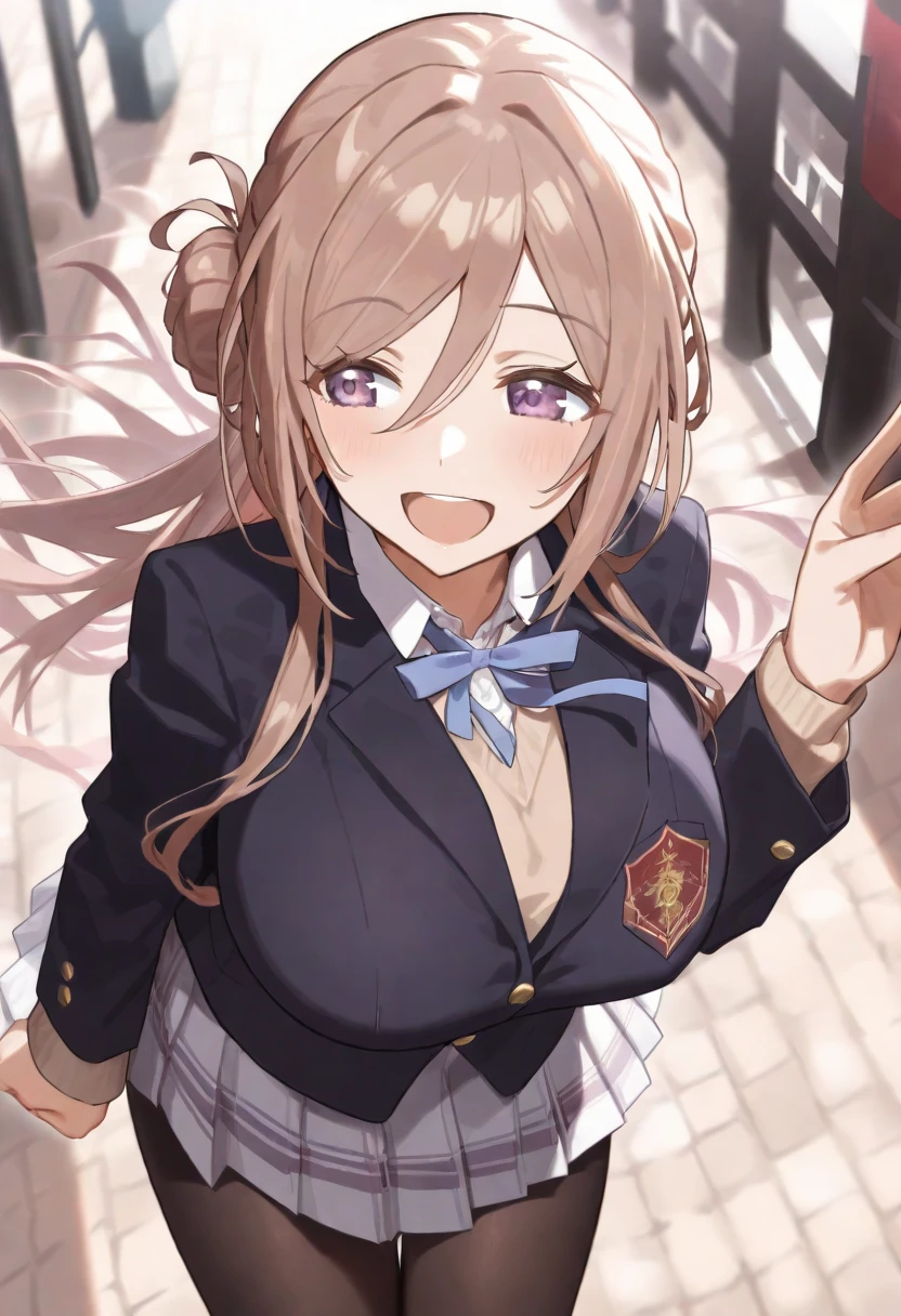1girl, solo, depth of field, highres, upper body, blush, shy, rainy, wet dress, freef caroline, hair ribbon, school uniform, necktie, twintail, brown eyes, cleavage, breast, blonde hair, wet hair,