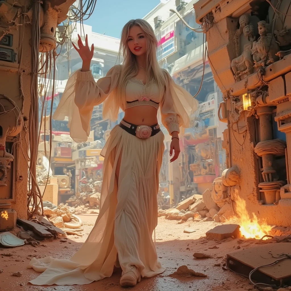 (((Fisheye, 5mm lens, from above))) Full body shot, RAW photograph, an ultra hot gorgeous European french woman , age 23, She’s a playmate and men magazine supermodel. dirty sweaty face, long dirty blonde hair, wind blown hair, jedi robes, Jedi Master, sexy, Against the backdrop of a desolate post-apocalypse, hero landing pose, crouched, torn costume, costume with lots of holes and tears in it, lots of skin showing, lots of cleavage visible, torn clothes, destroyed buildings, Carcasses of burnt war vehicles, tracer bullet flares on background, Oppressive atmosphere, Dark skies, photo realism, sharp-focus, fallout, science fiction, cinematic scene, space vehicles in sky, movie scene. Backlight. Perfect anatomy, perfect hair, perfect breast, perfect body, perfect hands, perfect face, perfect eyes, accurate, anatomically correct, perfect clear and crisp focus, UHD, masterpiece,