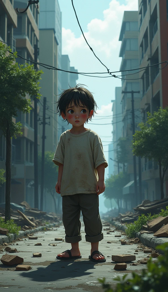 child in the midst of the destruction of hiroshima sad