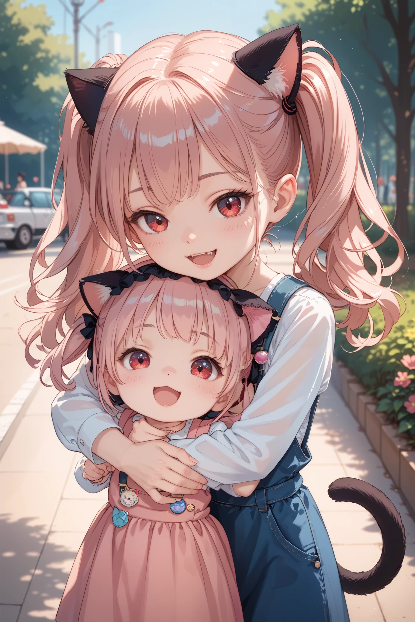 park,(((2girl ,hug))), light pink hair,(twintails, long hair up to waist),red eyes,smile,pinafore dress,(small breasts,cat ears,cat tails,upturned eyes),(((a  girl))),Realistic Colors and Textures,highest quality,5 carefully drawn fingers,open  mouth