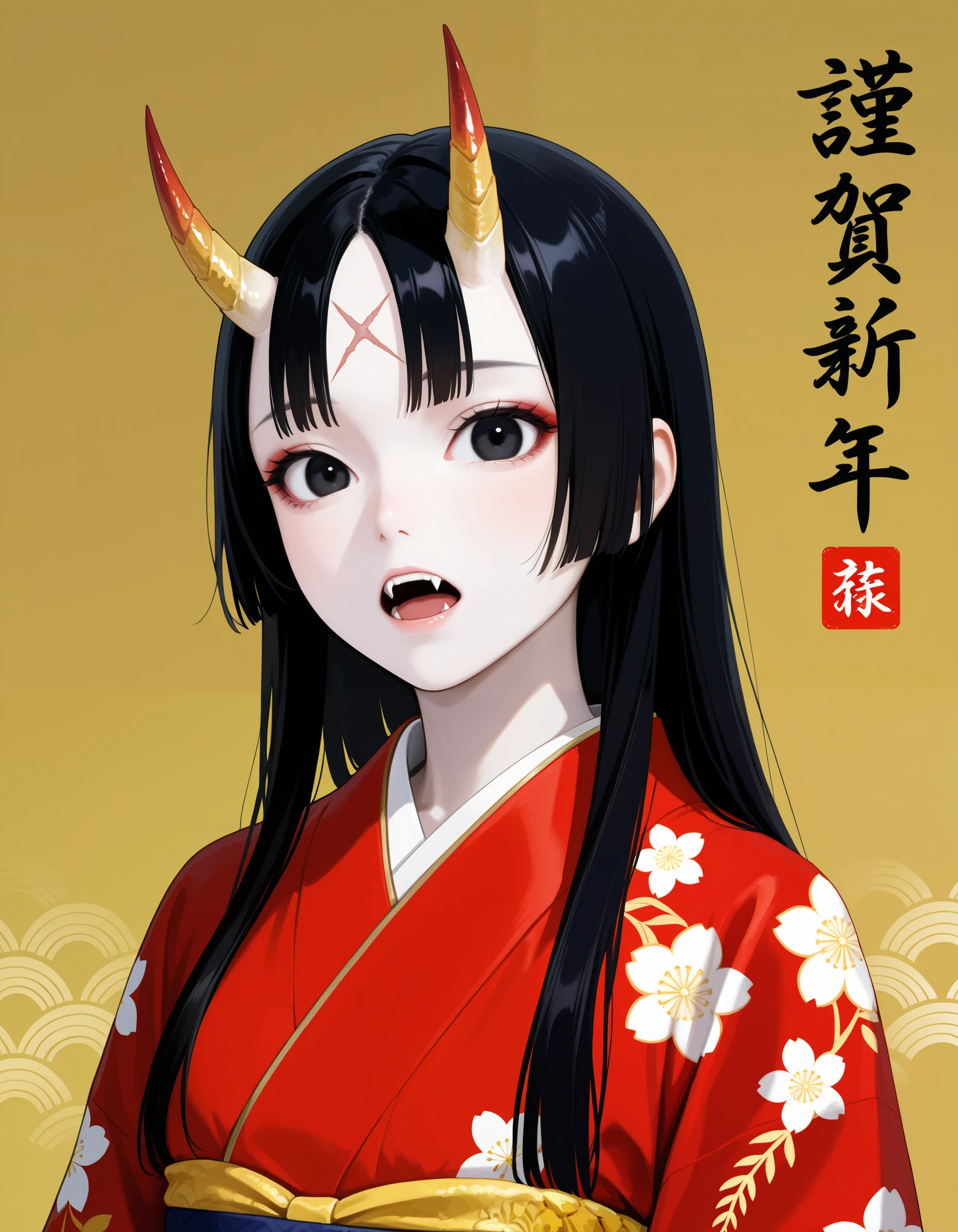 score_9, score_8_up, score_7_up, photo realistic, , (1girl, solo), upper body, (black long hair, straight hair), black eyes, (small ONI horns, corn shaped horns), red cross scar on forehead, (open mouth, long fangs), pale skin, red kimono with gold floral pattern), (glare, looking at viewer), black long claw