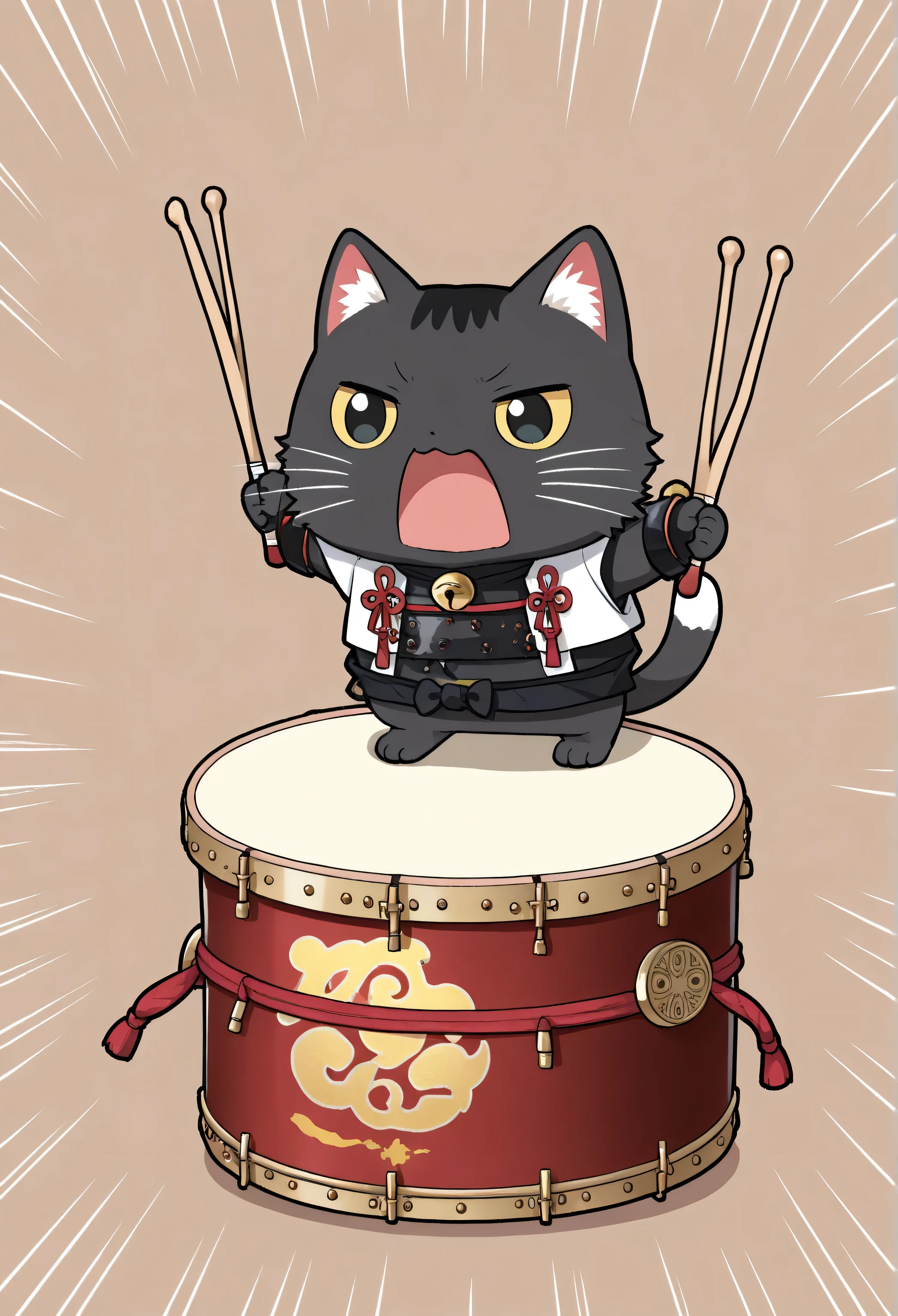 (masterpiece, best quality:1.2), animal focus, no humans, chibi-style cat, 2-head proportions, samurai drummer outfit with exaggerated details like oversized tassels and ropes, holding drumsticks and enthusiastically playing a small taiko drum in front of it, open mouth as if shouting a rhythm