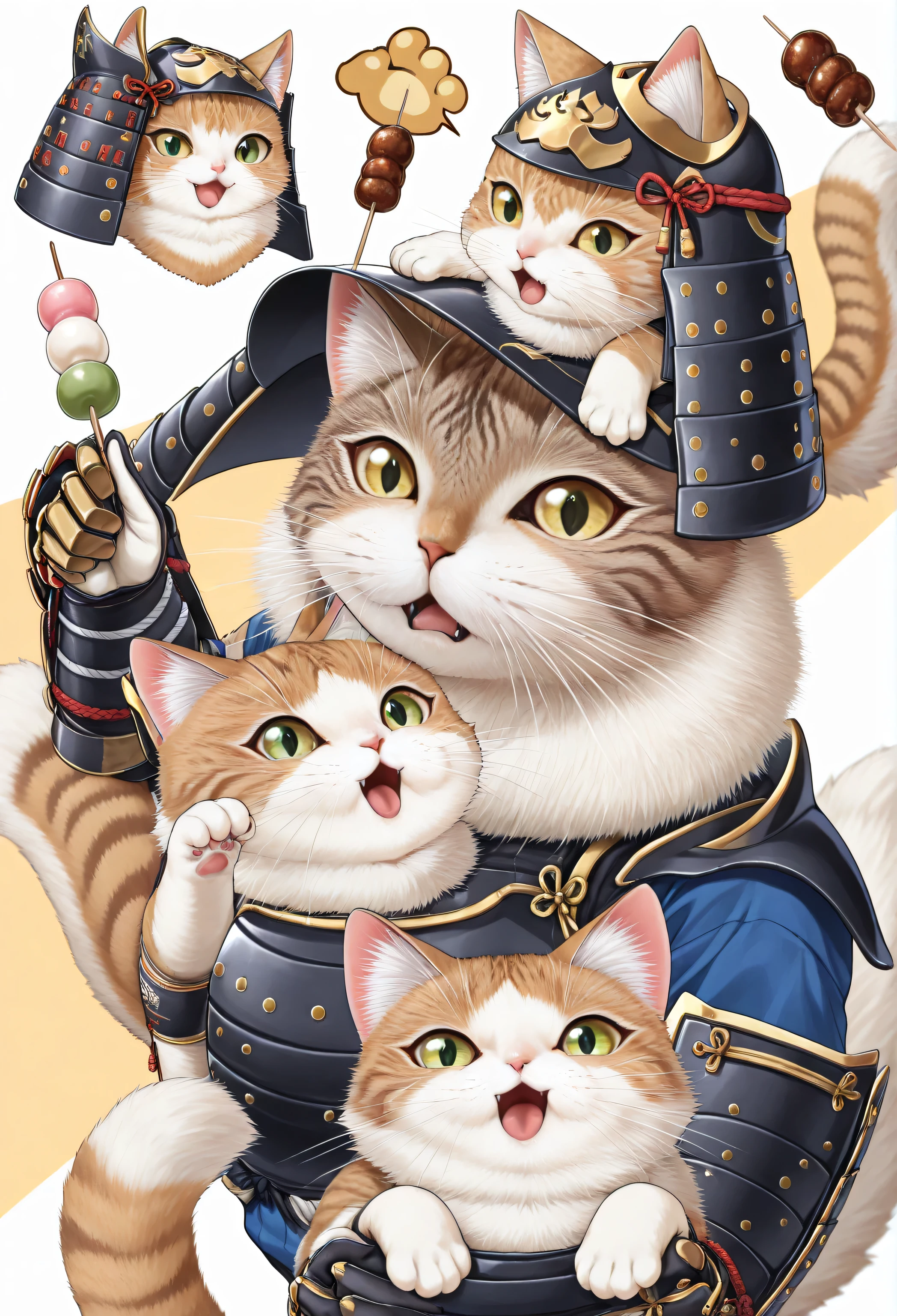 (masterpiece, best quality:1.2), animal focus, no humans, chibi-style cat, 2-head proportions, samurai armor with soft fabric details, holding a skewer of colorful dango (Japanese sweets) in one paw while the other paw waves at the viewer, open mouth as if about to take a bite, playful and cheerful expression