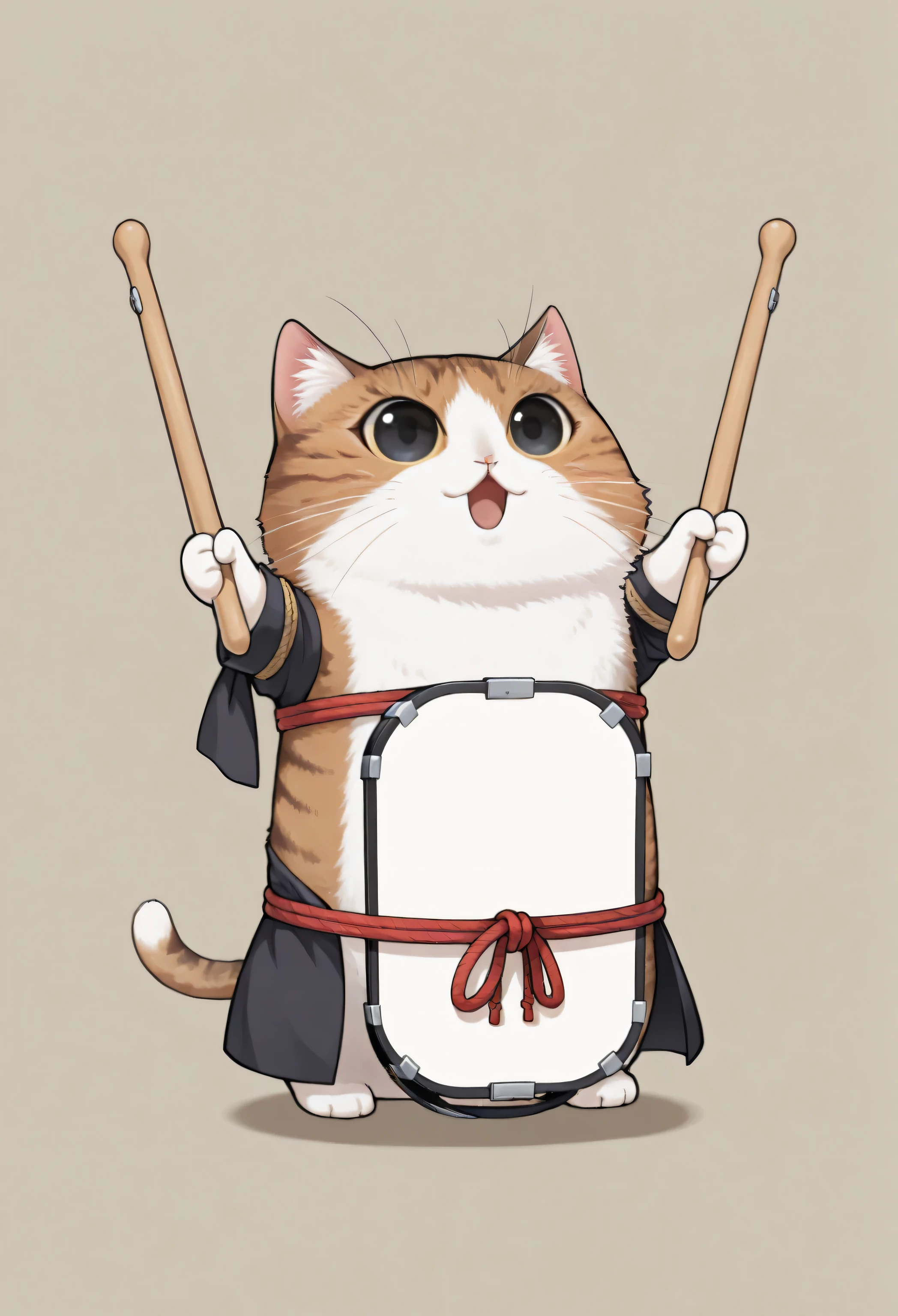 (masterpiece, best quality:1.2), animal focus, no humans, chibi-style cat, 2-head proportions, samurai drummer outfit with exaggerated details like oversized tassels and ropes, holding drumsticks and enthusiastically playing a small taiko drum in front of it, open mouth as if shouting a rhythm
