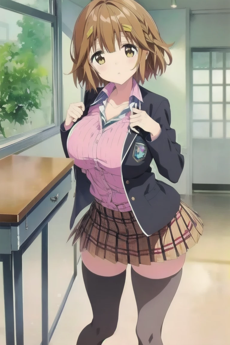 1 Female,High definition,high resolution,Ultra-realistic,8K, hmza, short hair, antenna hair, brown eyes, school uniform, blue necktie, yellow shirt,black jacket, long sleeves, black skirt,tight skirt, miniskirt,European,sexy,Upper body close-up,Photographed from the front,Dynamic Angles,blush, (big tits ), happy, wink the eye,facial, sweat ,(wide thighs:1.4),(white lace panties),(show panties),(from below),(skirt lift:1.4)