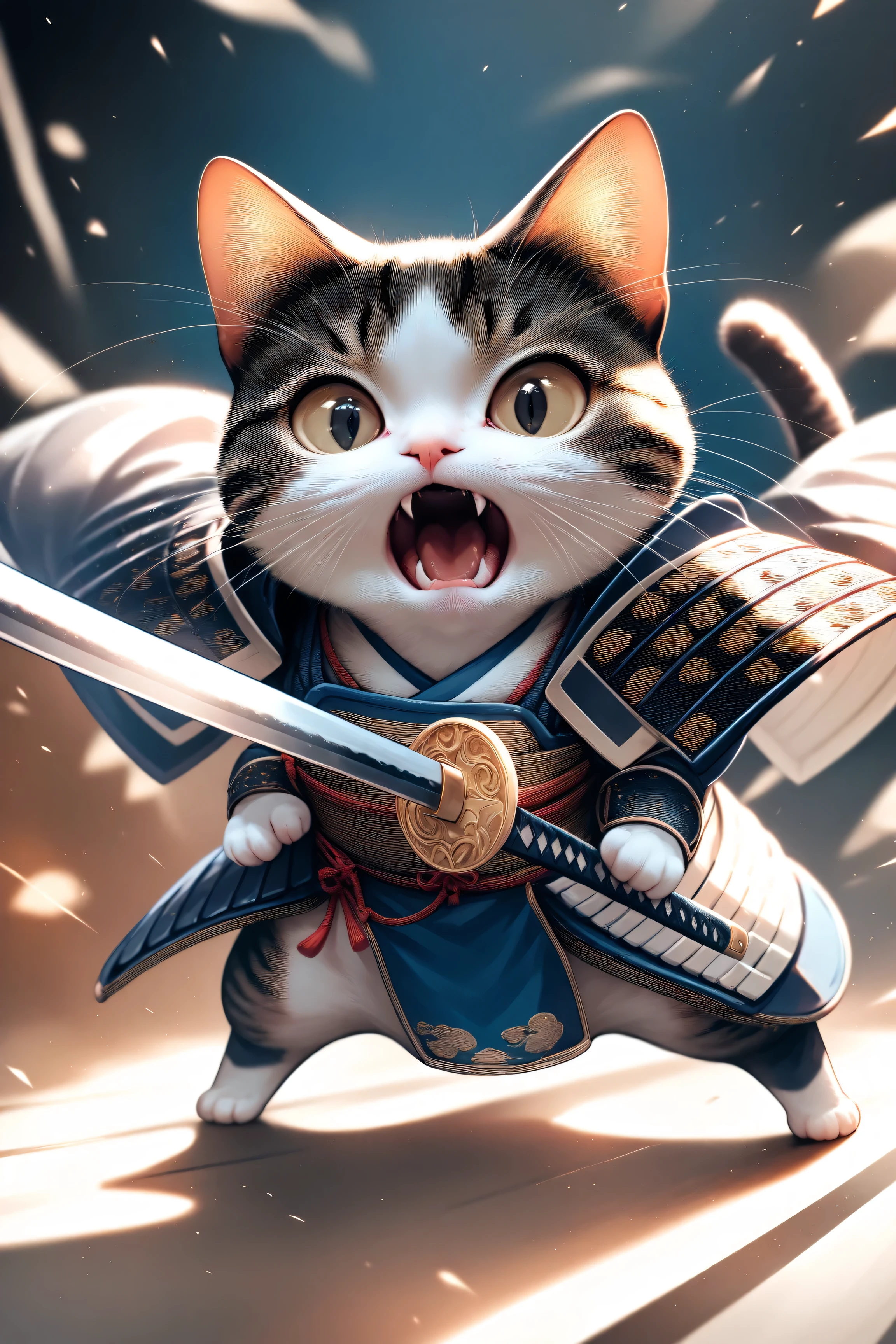 (masterpiece, best quality:1.2), animal focus, no humans, chibi-style cat, 2-head proportions, samurai armor with comically large shoulder pads, open mouth showing fangs as if shouting "meow!", holding a katana that's almost as big as its body in both paws, dynamic pose with blurry action background
